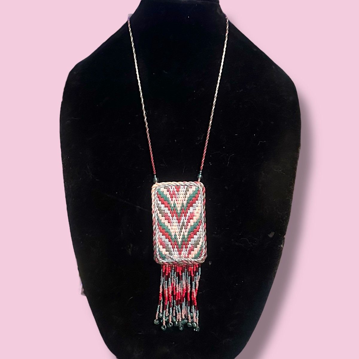 Vintage Vintage embroidered square pendant with bead fringe necklace Size ONE SIZE - 1 Thumbnail
