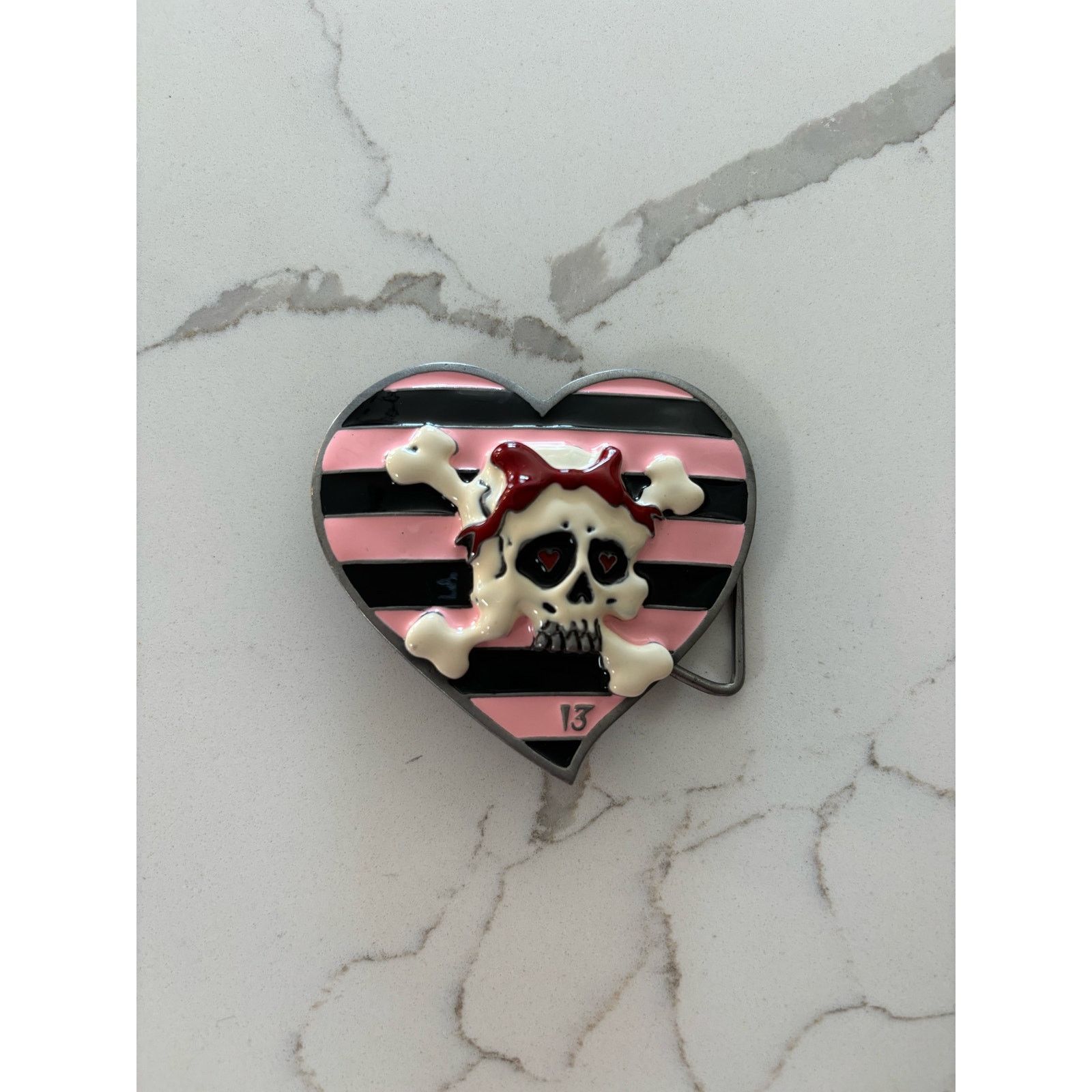 & Other Stories 3D skull on pink and black stripped heart belt buckle Size ONE SIZE - 1 Thumbnail