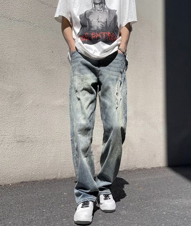Japanese Brand High street retro blue men's washed distressed casual jeans Size US 32 / EU 48 - 1 Thumbnail