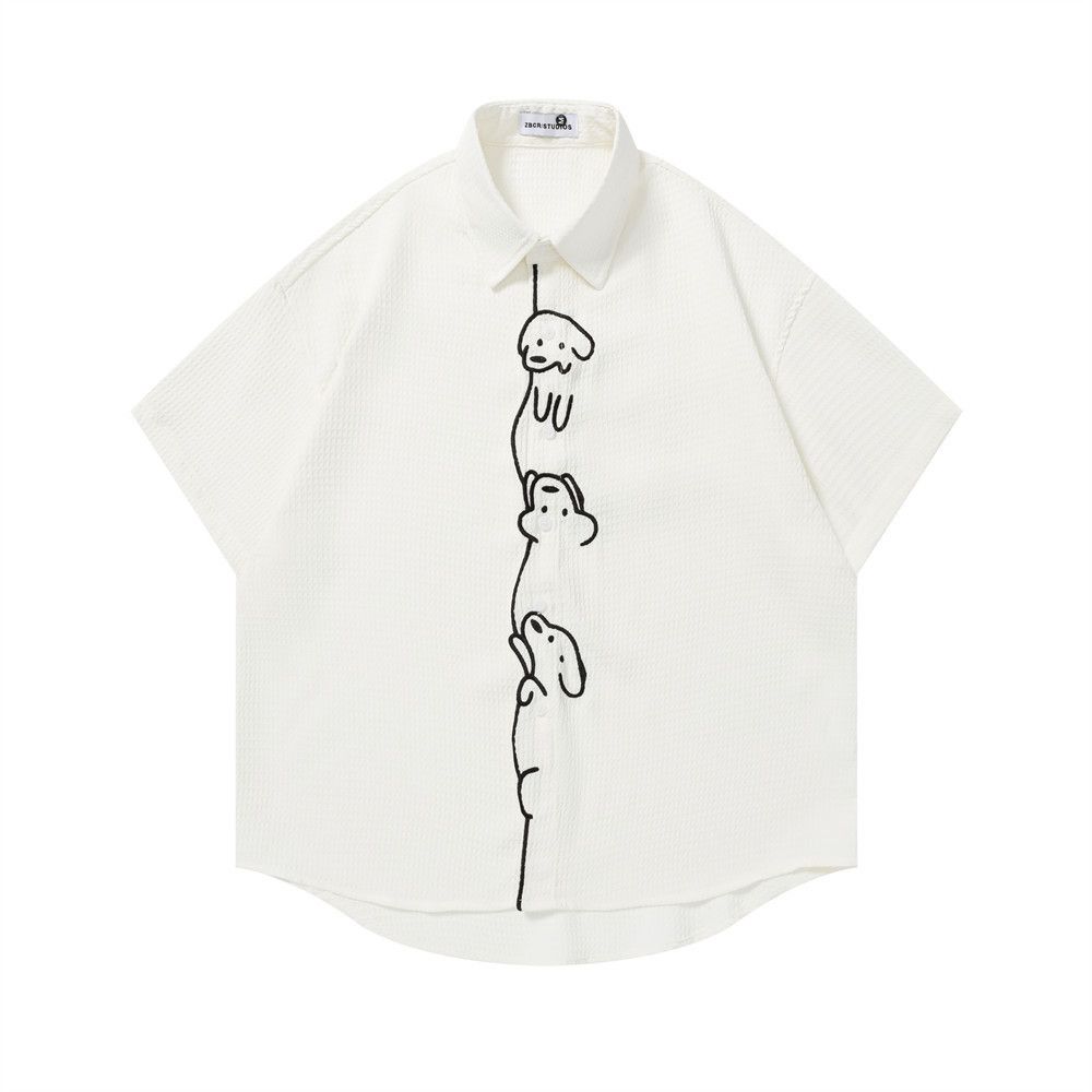 Japanese Brand Men's Loose-Fit Casual Shirt with Cartoon Puppy Embroidery Size US M / EU 48-50 / 2 - 1 Thumbnail