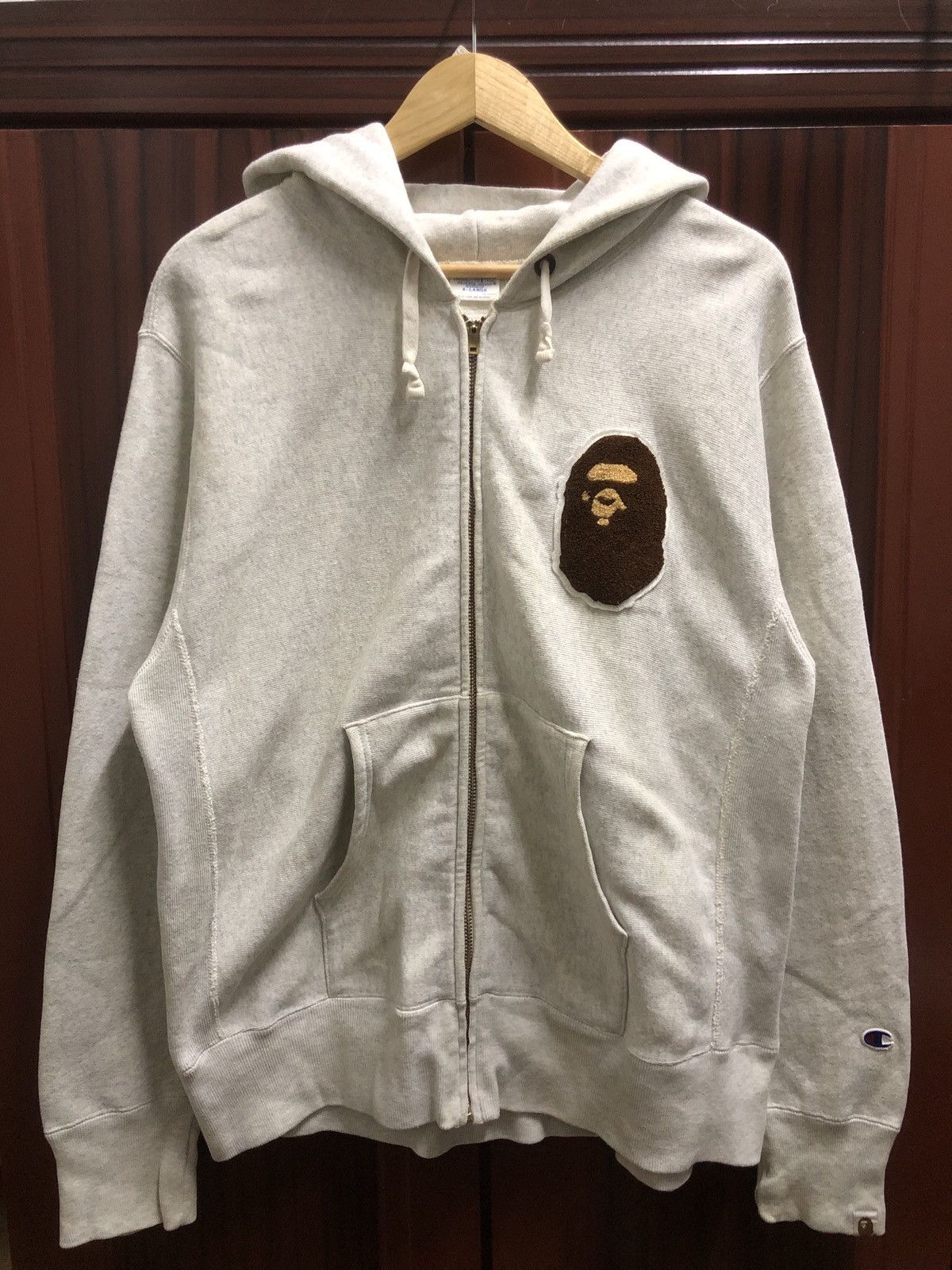 image of Bape x Champion Ape Head Zip Hoodie in Grey, Men's (Size XL)