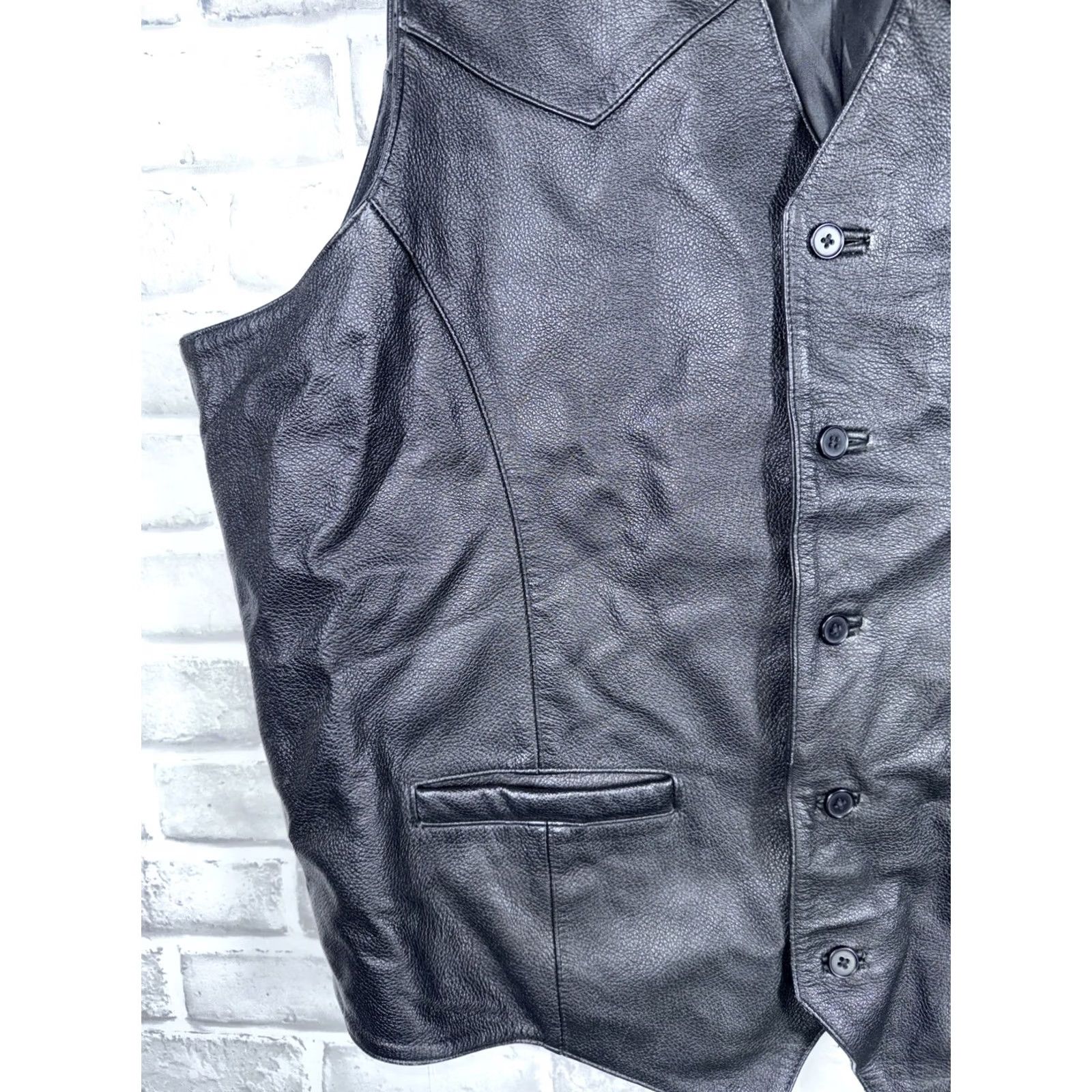 Vintage Cripple Creek Black Leather Vest Biker Cowboy Western 2XL Mens Tall Vest Pockets Lined Solid Mid-Length Button Closure Size US XXL / EU 58 / 5 - 5 Thumbnail