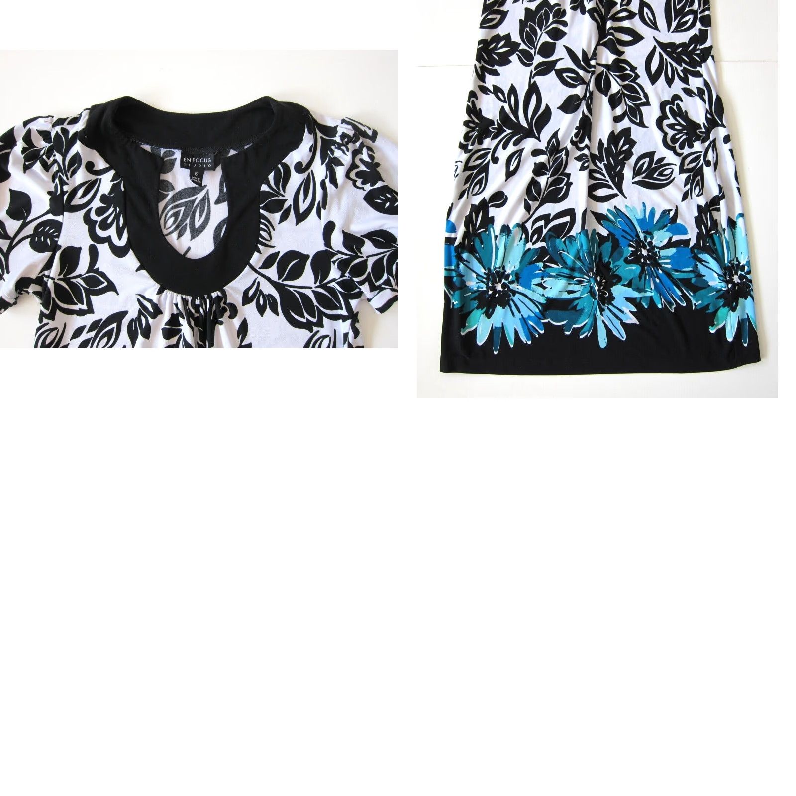 Vintage VINTAGE En Focus Studio Dress Floral Short Sleeve Tunic Sheath A-Line 6 Black White Blue Size 28" / US 6 / IT 42 - 8 Thumbnail