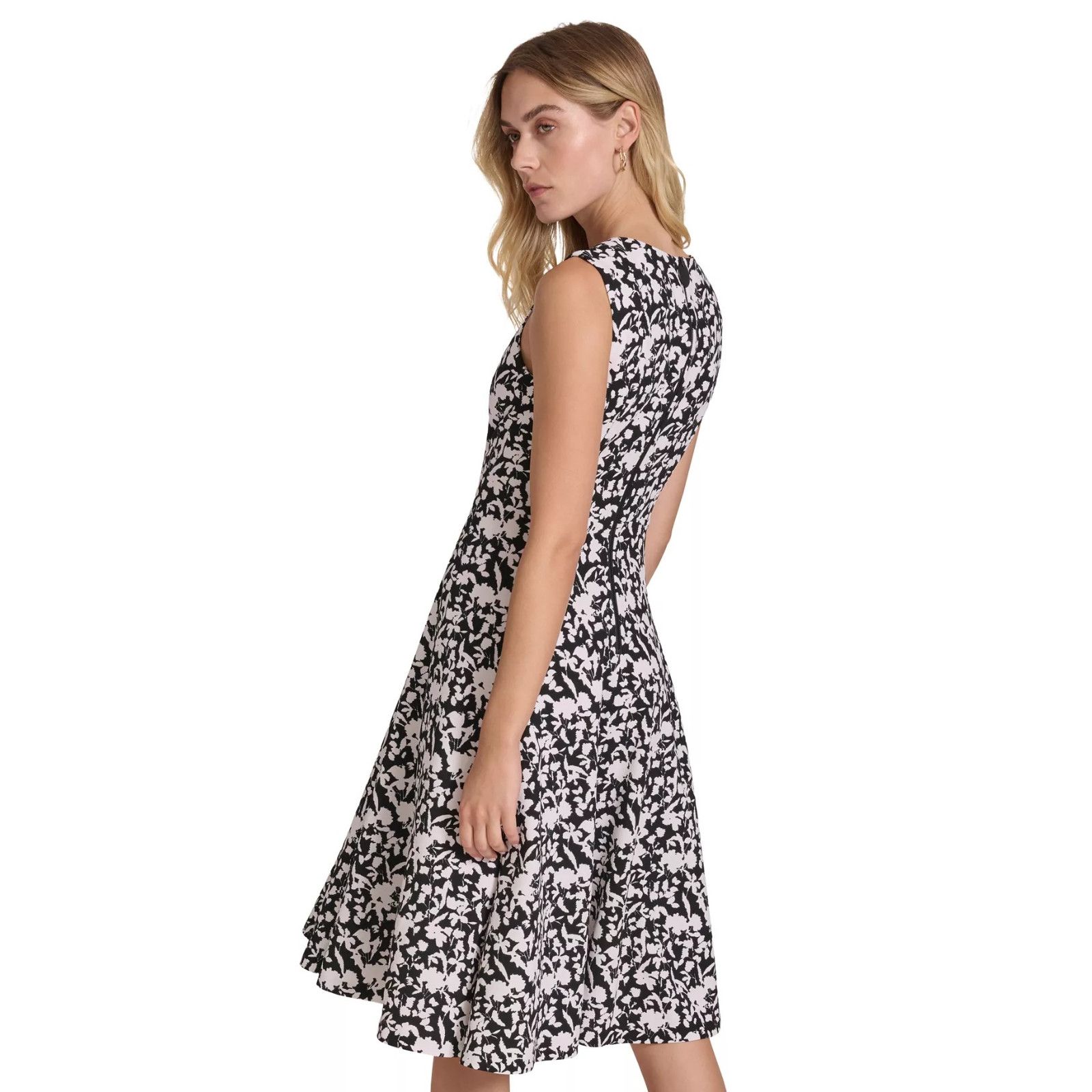 Calvin Klein Calvin Klein Black Cream Printed Scuba Crepe A Line Dress Size XS / US 0-2 / IT 36-38 - 2 Thumbnail
