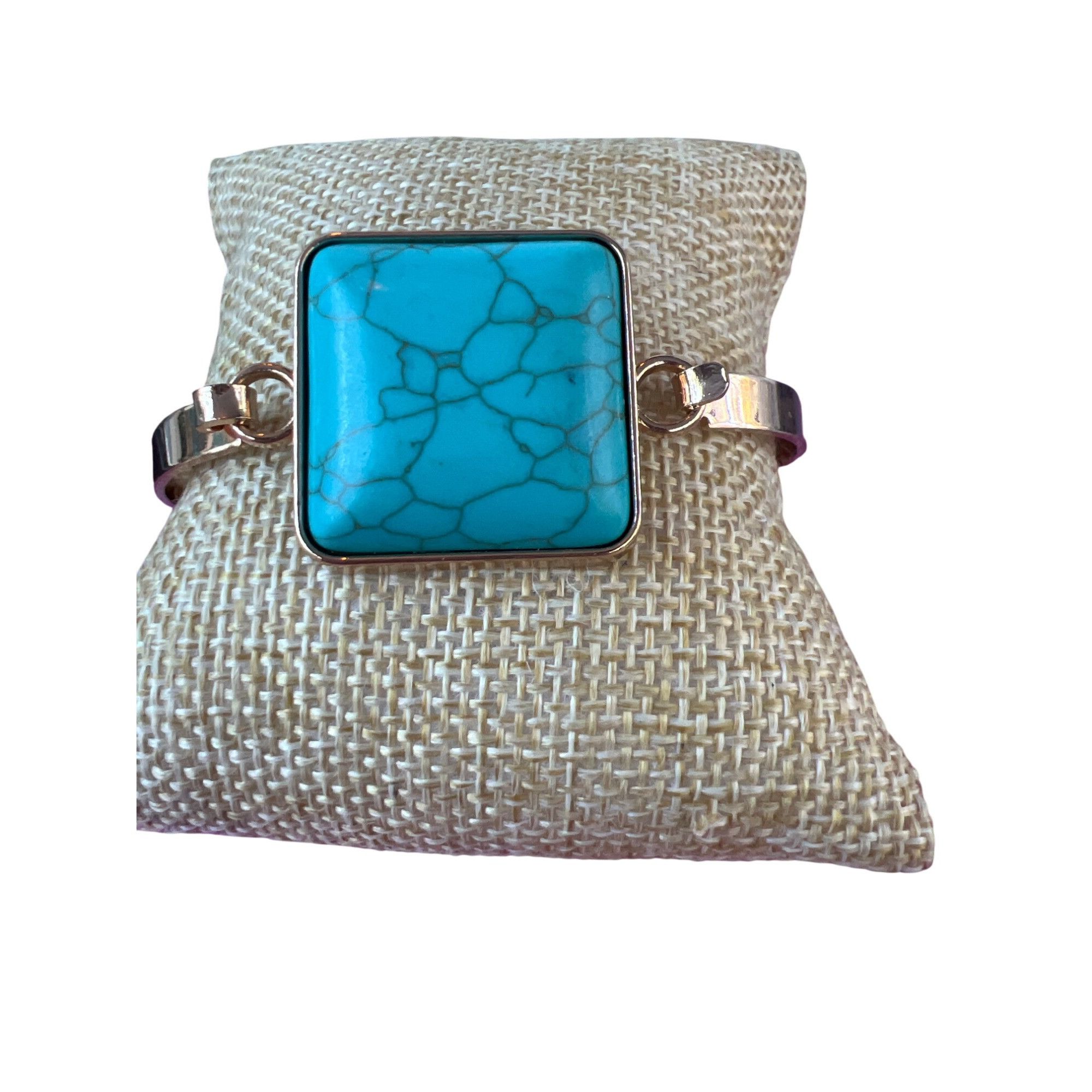 Other Gold Tone Bangle Bracelet Square Faux Turquoise Cabochon Hoo Size ONE SIZE - 1 Thumbnail