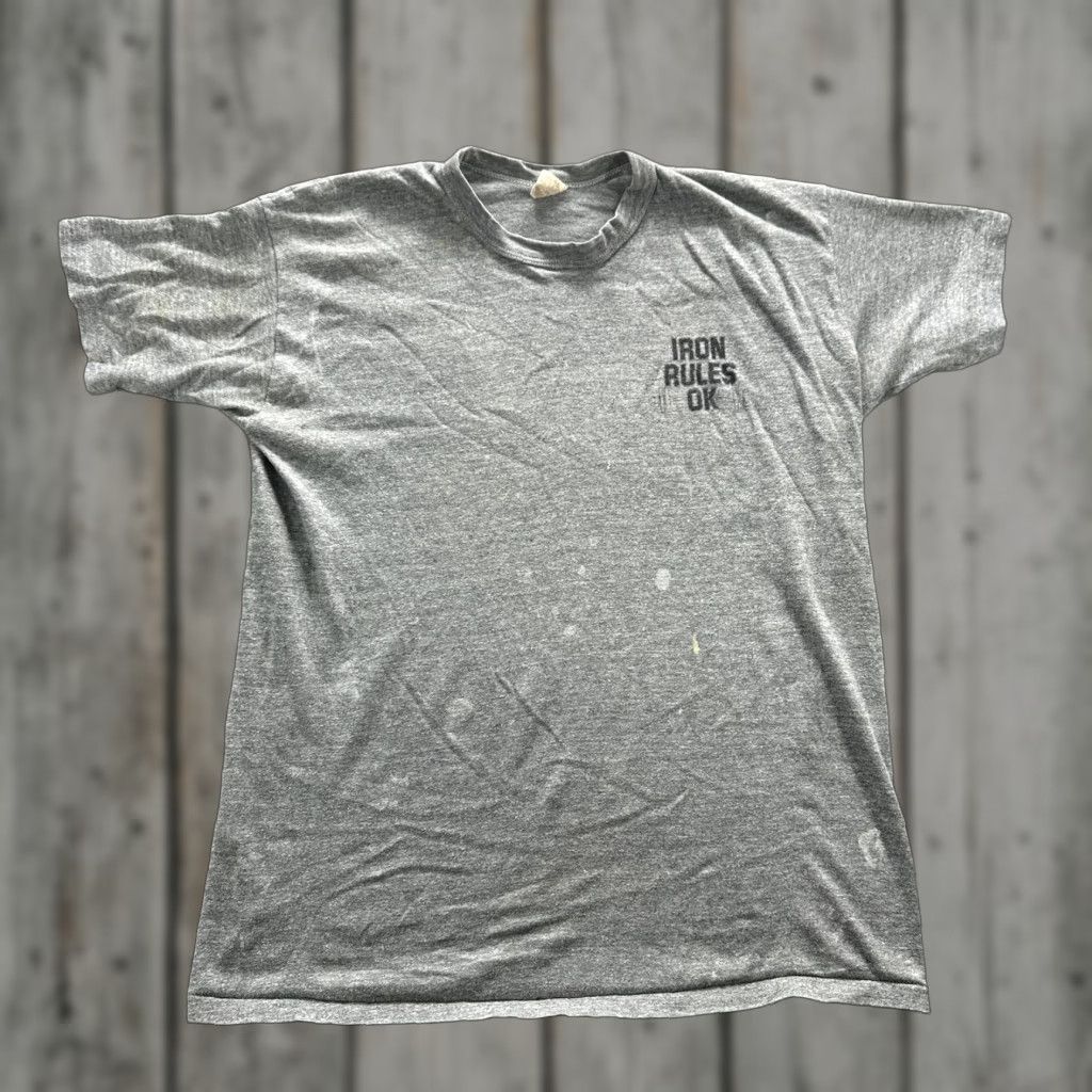 Russell Athletic VINTAGE Russell Athletic Shirt Mens Large Gray Iron Rules OK Tee Short Sleeve Crew Neck Fitness Gy m Workout 80s Size US L / EU 52-54 / 3 - 1 Thumbnail