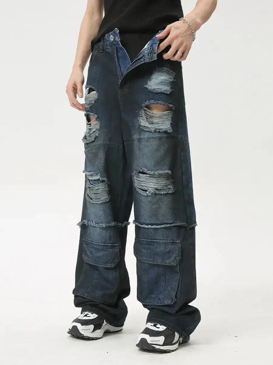 Japanese Brand Retro loose straight pocket ripped jeans Size US 32 / EU 48 - 2 Thumbnail