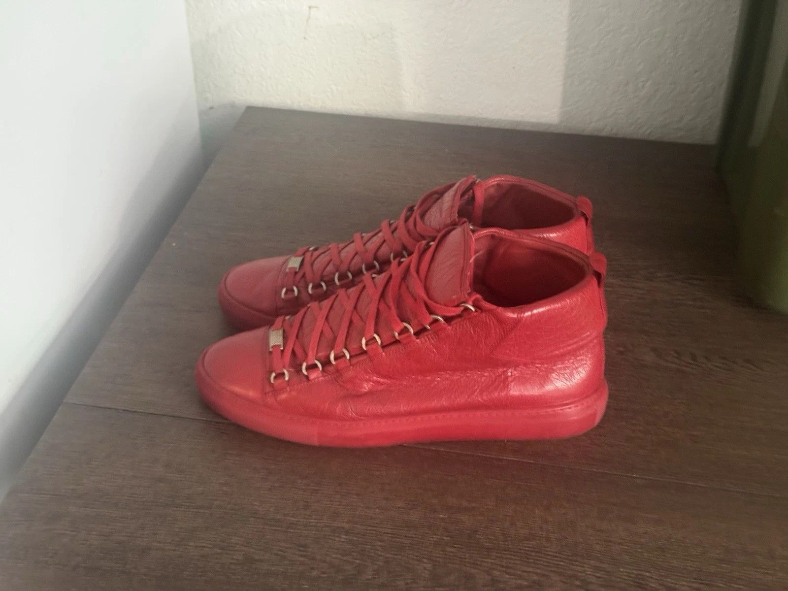 Balenciaga Arena Red 13 Leather High Tops Lace Up Shoes, Men's