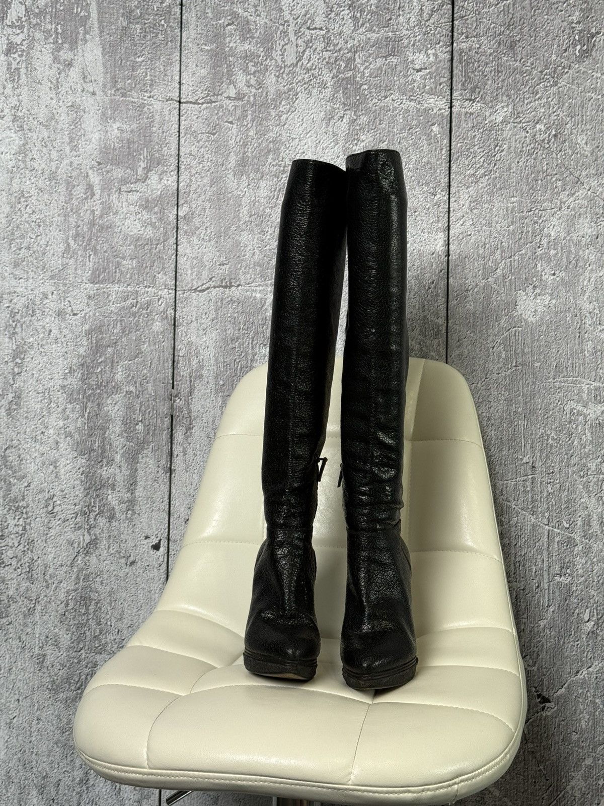 Prada Prada Black Textured Leather Knee High Platform Heeled Boots Size US 8 / IT 38 - 13 Thumbnail