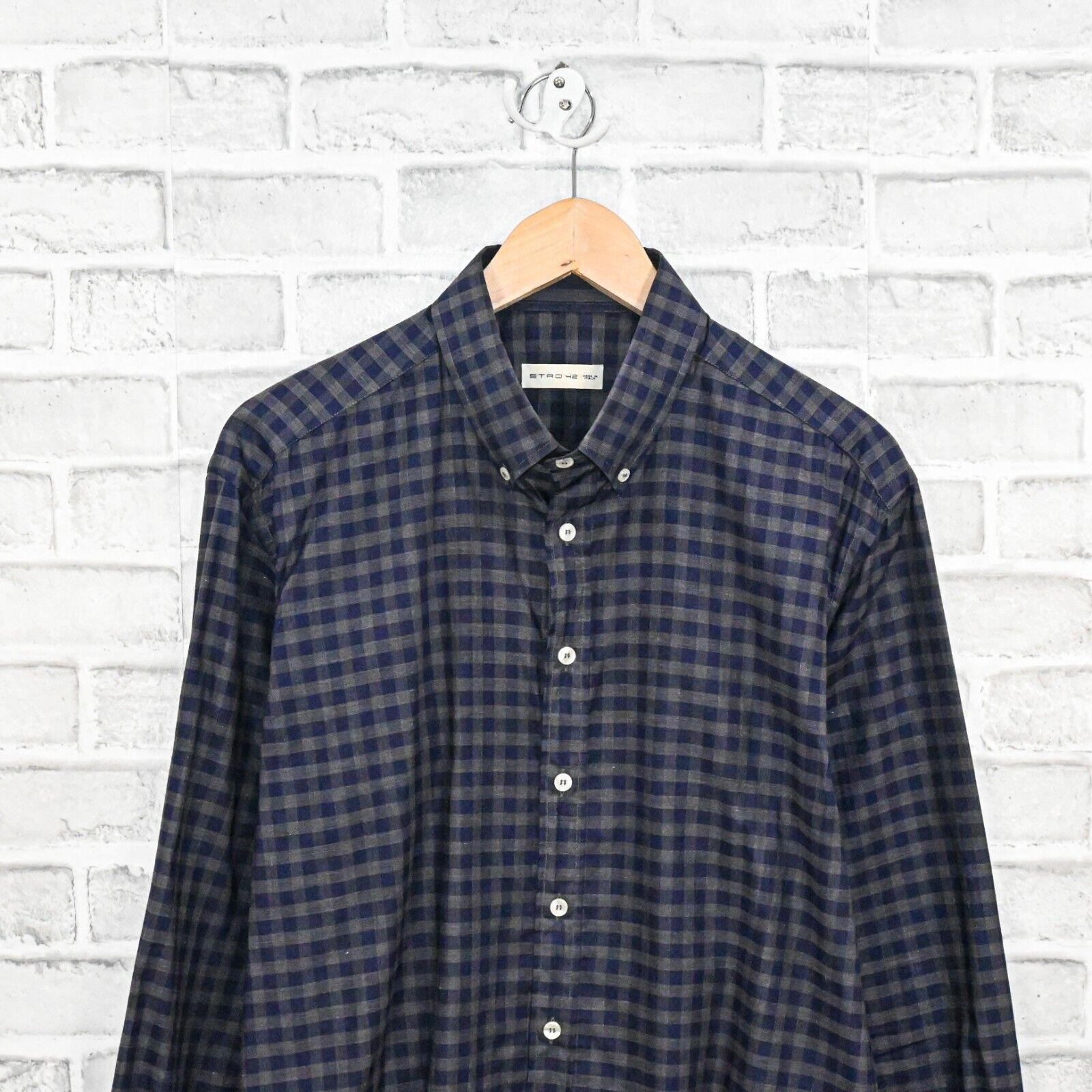 Etro ETRO Men's Button Down Shirt in Blue grey check cotton Size US L / EU 52-54 / 3 - 6 Thumbnail