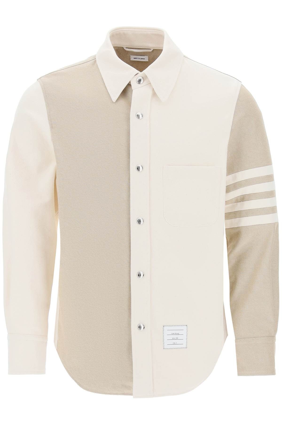 image of Thom Browne Funmix 4-Bar Overshirt In Selvedge Denim in Khaki, Men's (Size XS)