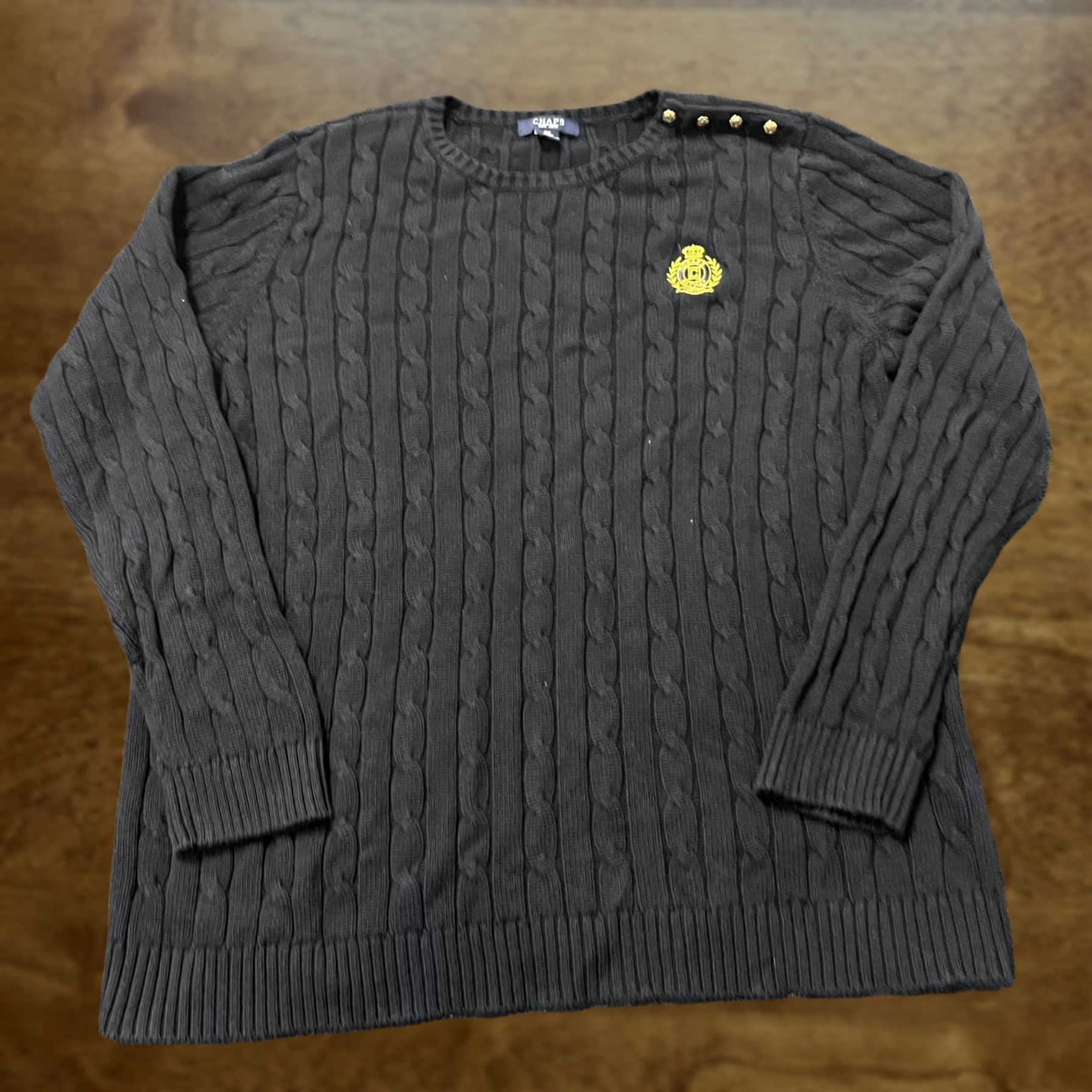 Chaps Chaps Sweater Womens 2X Black Cable Knit Embroidered Crest Shoulder Buttons Pullover Crew Neck Long Sleeve Knit 100% Cotton Womens NS Size XXL / US 16-18 / IT 52-54 - 1 Thumbnail