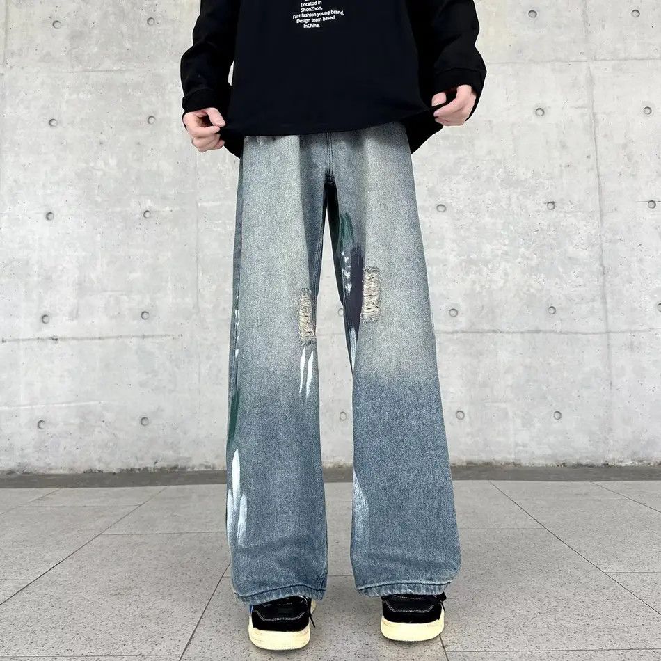 Japanese Brand Retro wide leg straight leg loose ripped jeans Size US 34 / EU 50 - 5 Thumbnail