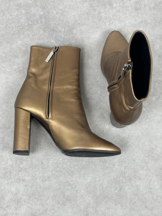 Saint Laurent Paris Saint Laurent Gold Leather Ruched Block Heel Bootie Size US 8 / IT 38 - 6 Thumbnail