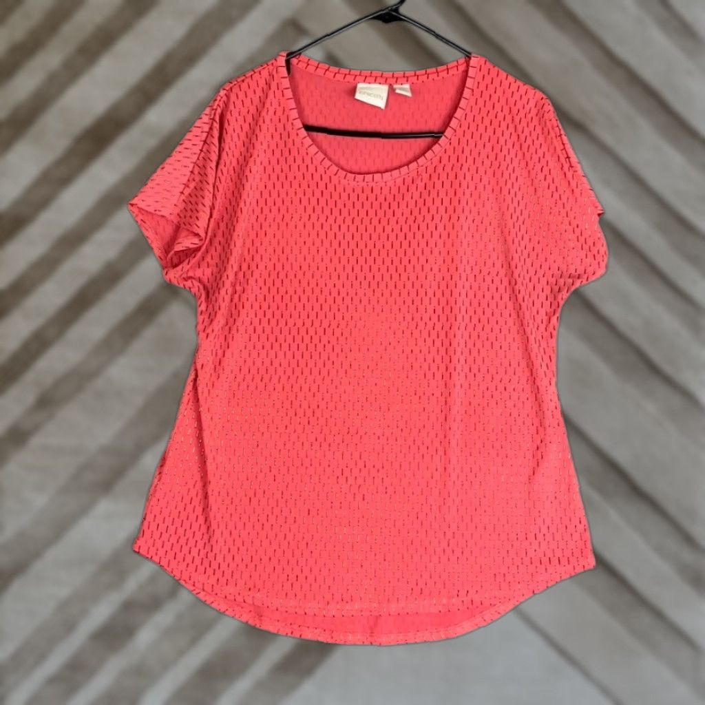 Vintage Chicos Women Blouse Coral Gold Beaded Short Sleeve Round Neck Stretch 1 (M) Size M / US 6-8 / IT 42-44 - 1 Thumbnail
