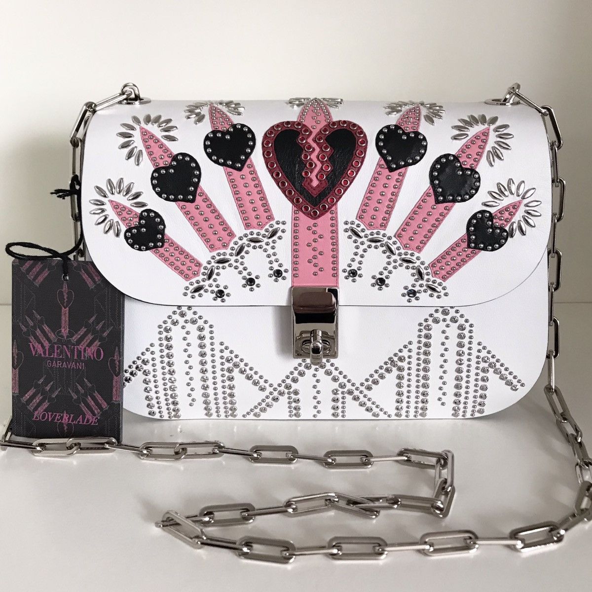 Valentino Valentino Crystal stuffed love blade white leather chain bag Size ONE SIZE - 13 Thumbnail