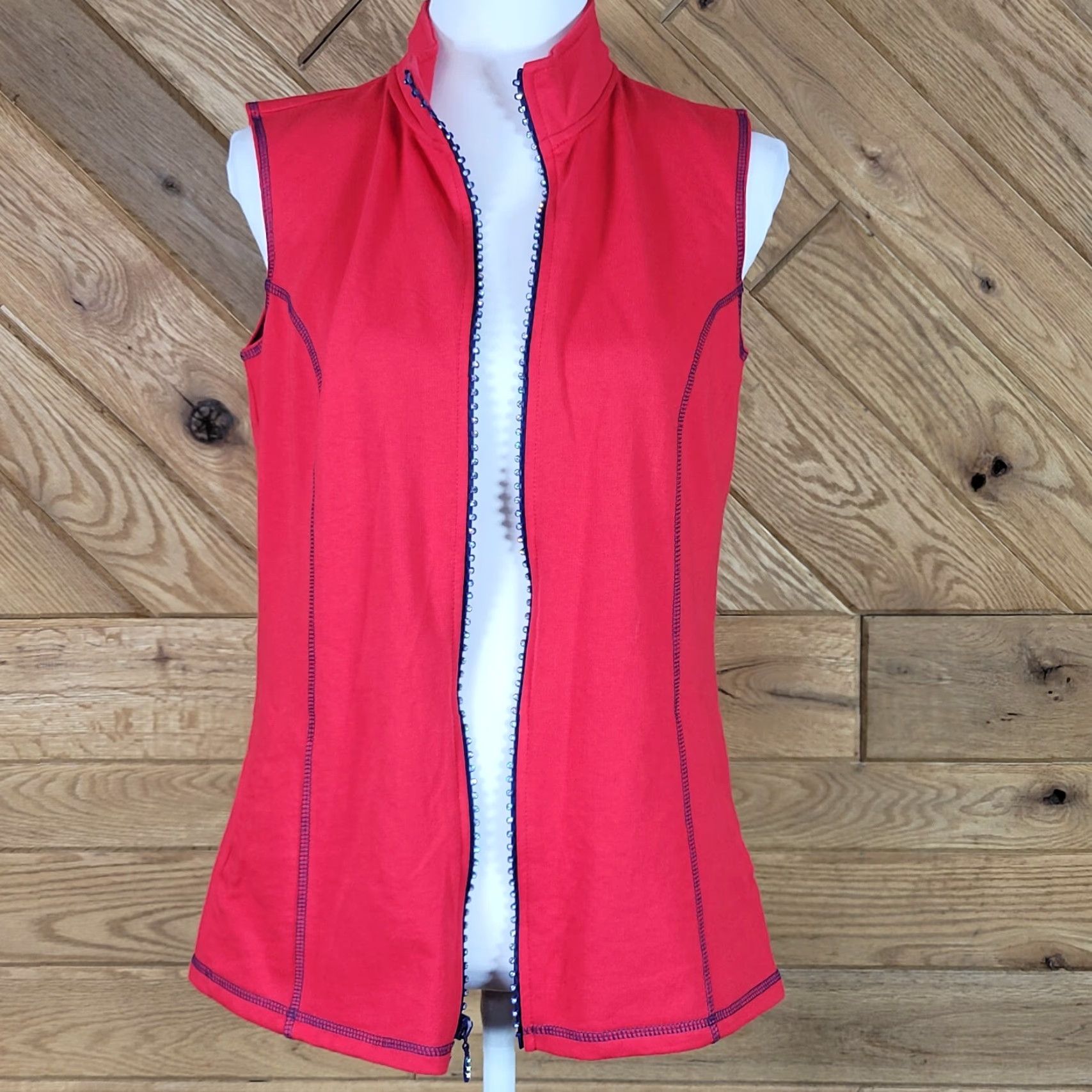 Quacker Factory Quacker Factory Womens Vest XS Red Full Zip Rhinestone Embellished Knit Cotton Solid Shirt/Top (9) Size XS / US 0-2 / IT 36-38 - 7 Thumbnail