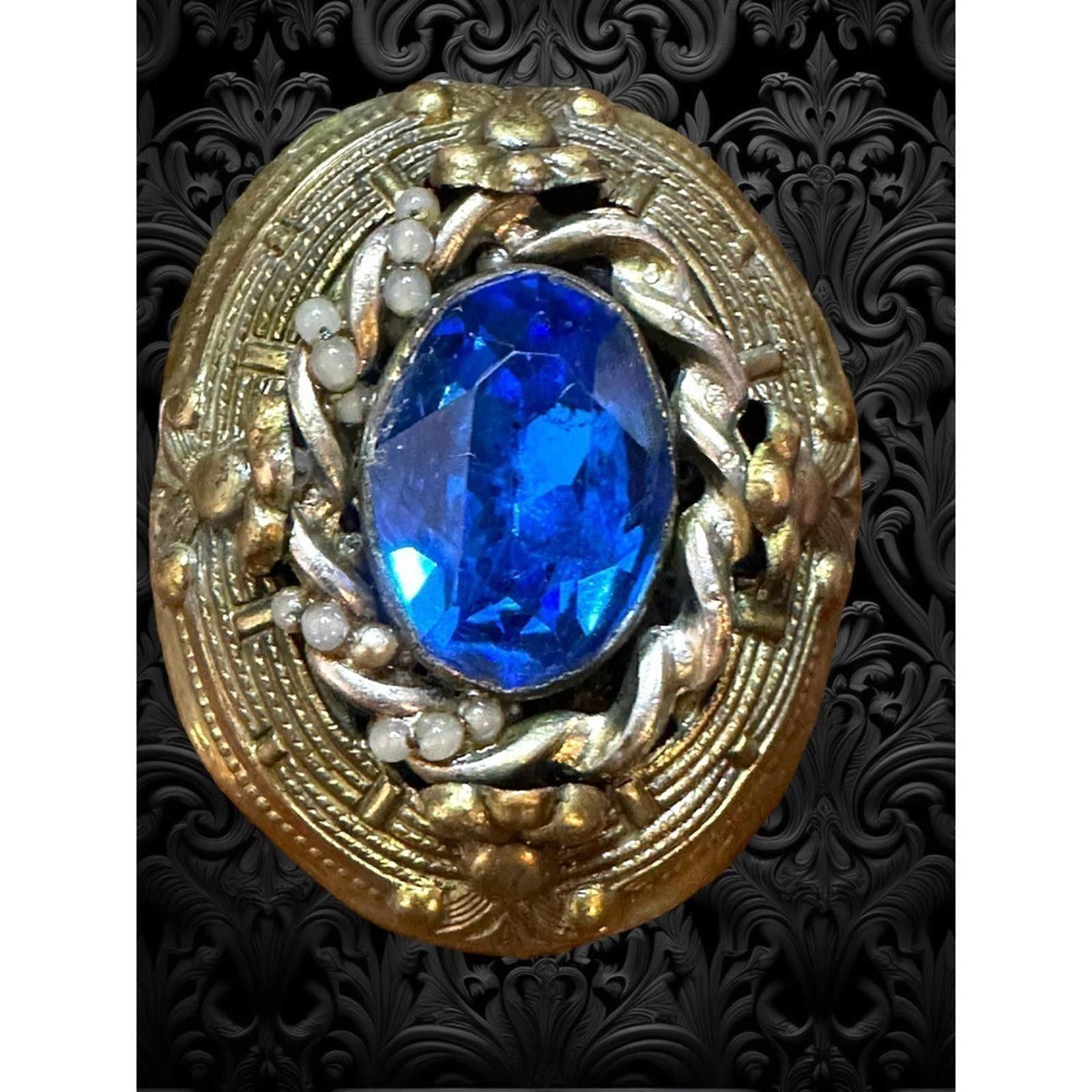 Designer Antique Art Deco Czech Glass Cobalt Blue Brass Dress Clip Size ONE SIZE - 11 Thumbnail