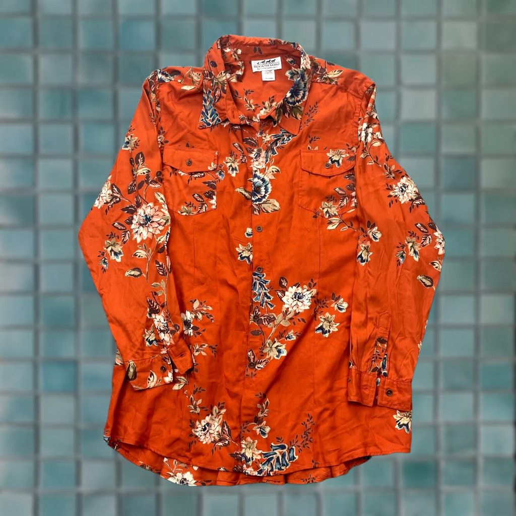 Vintage Back In The Saddle Shirt Womens 1X Orange Floral Hawaiian Button Up Pocket Shirts Size XL / US 12-14 / IT 48-50 - 1 Thumbnail