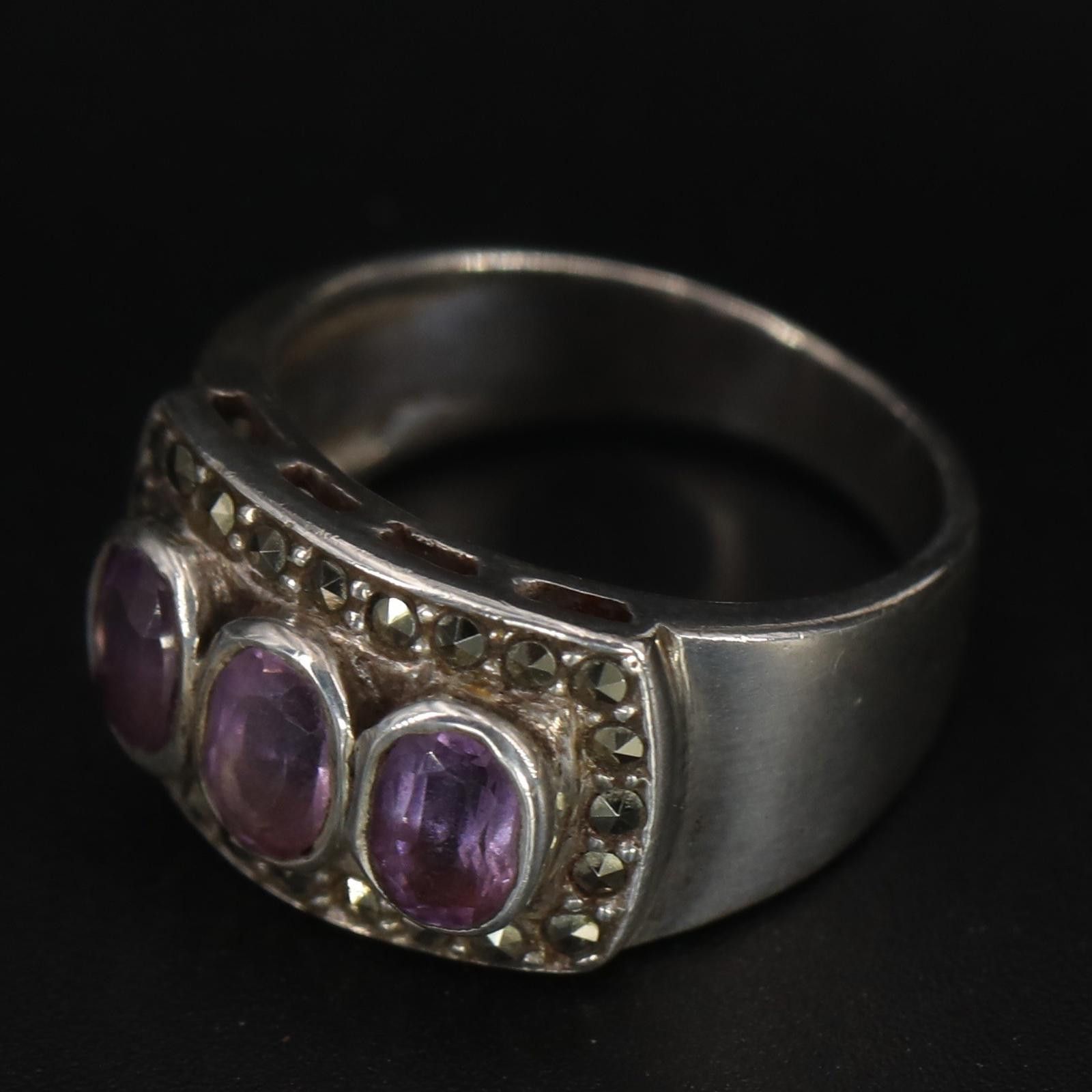 The Unbranded Brand Sterling Silver Art Deco Amethyst Marcasite Pave Ring Size 6 Size ONE SIZE - 3 Thumbnail