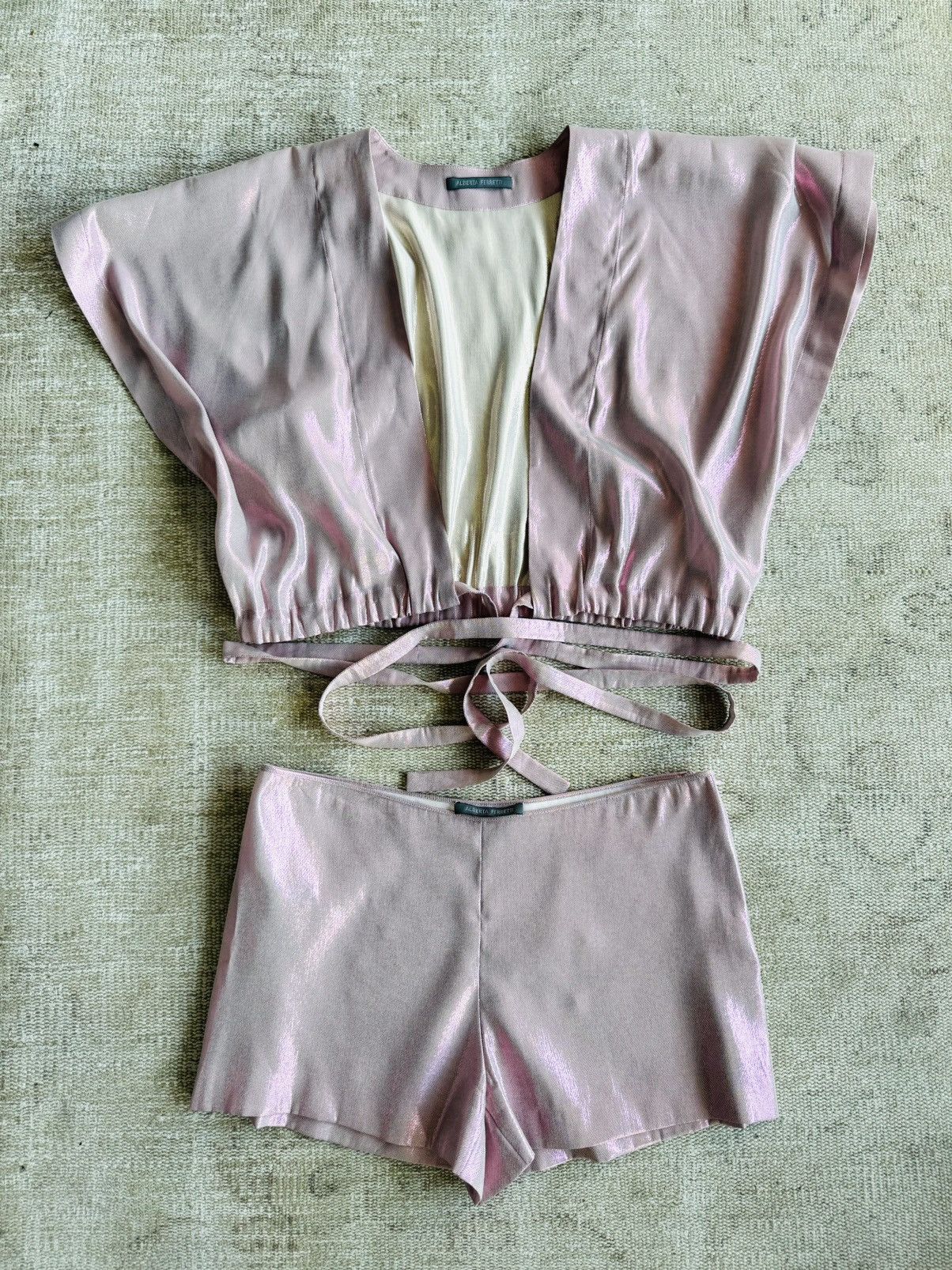 Alberta Ferretti tie front pink lame blouse spring '18 sz 44