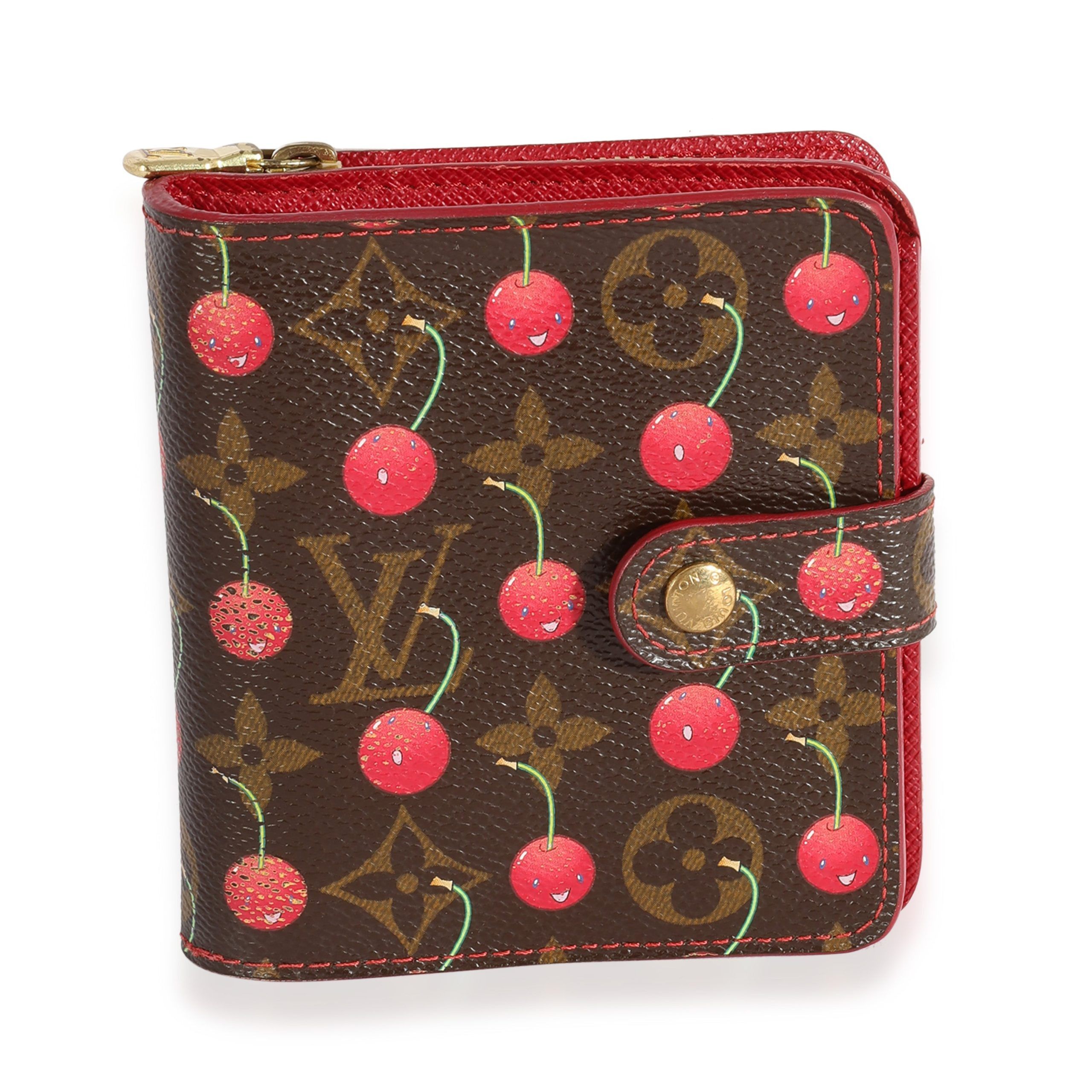 image of Louis Vuitton X Takashi Murakami Monogram Cerises Compact Wallet in Brown, Women's