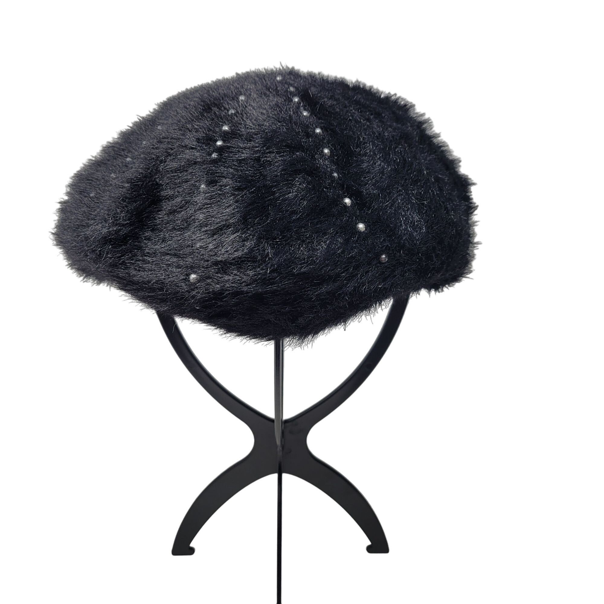Other Sole Society Fuzzy Eyelash Black Beret Gunmetal Studded Hat Size ONE SIZE - 5 Thumbnail
