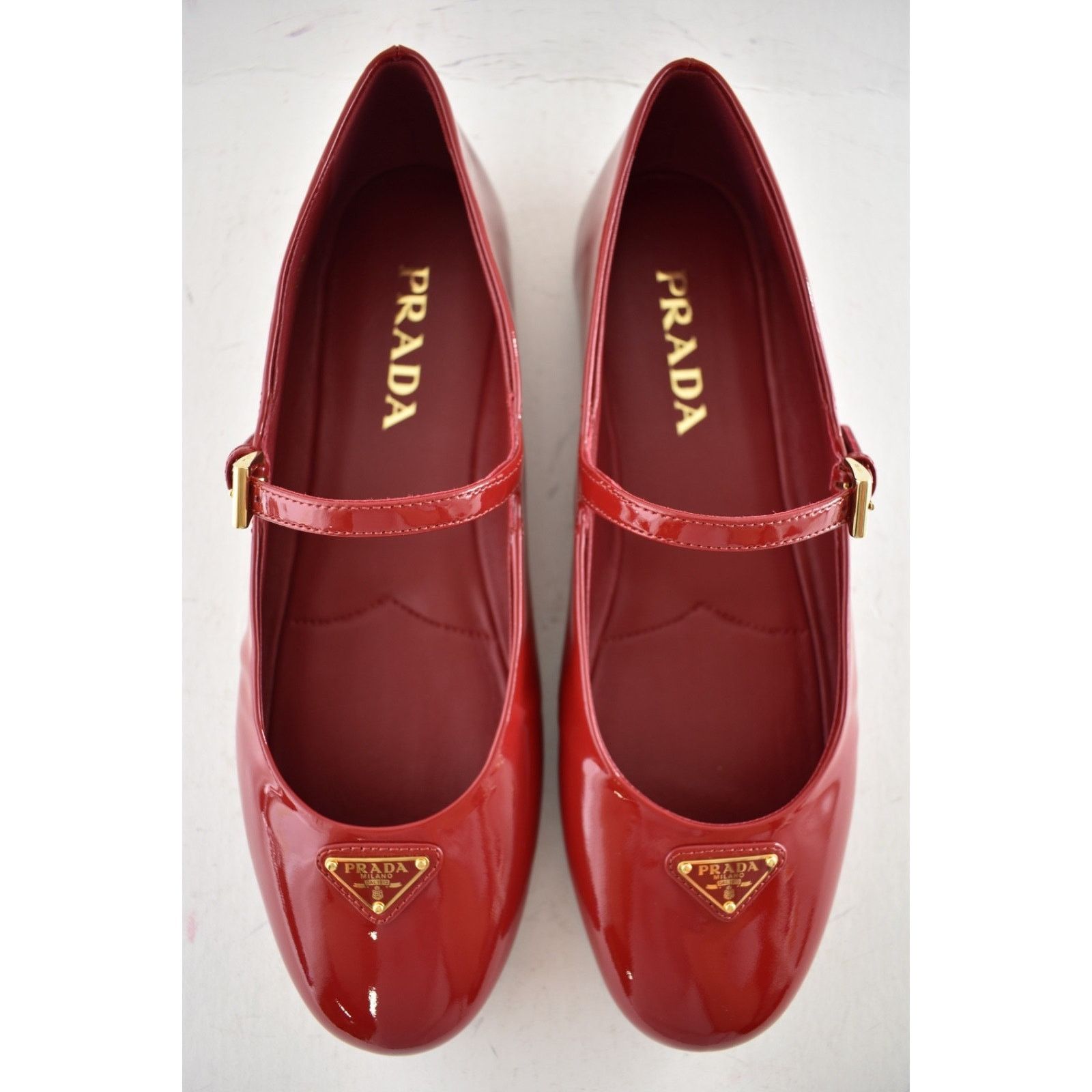 Prada Prada Cherry Red Patent Gold Triangle Logo Mary Jane Size US 8.5 / IT 38.5 - 12 Thumbnail
