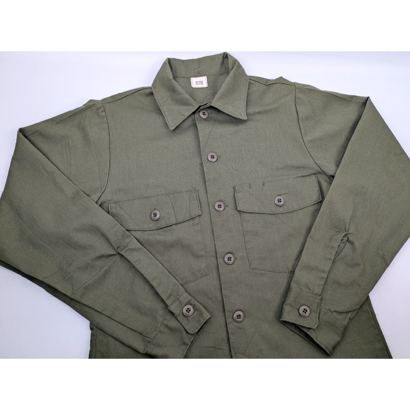 Olive VINTAGE Military Shirt Mens M/L 80s Olive Green Button-Up Collared Twill Dura-Press Wrinkle-Resistant Pockets US Made Size US M / EU 48-50 / 2 - 2 Thumbnail