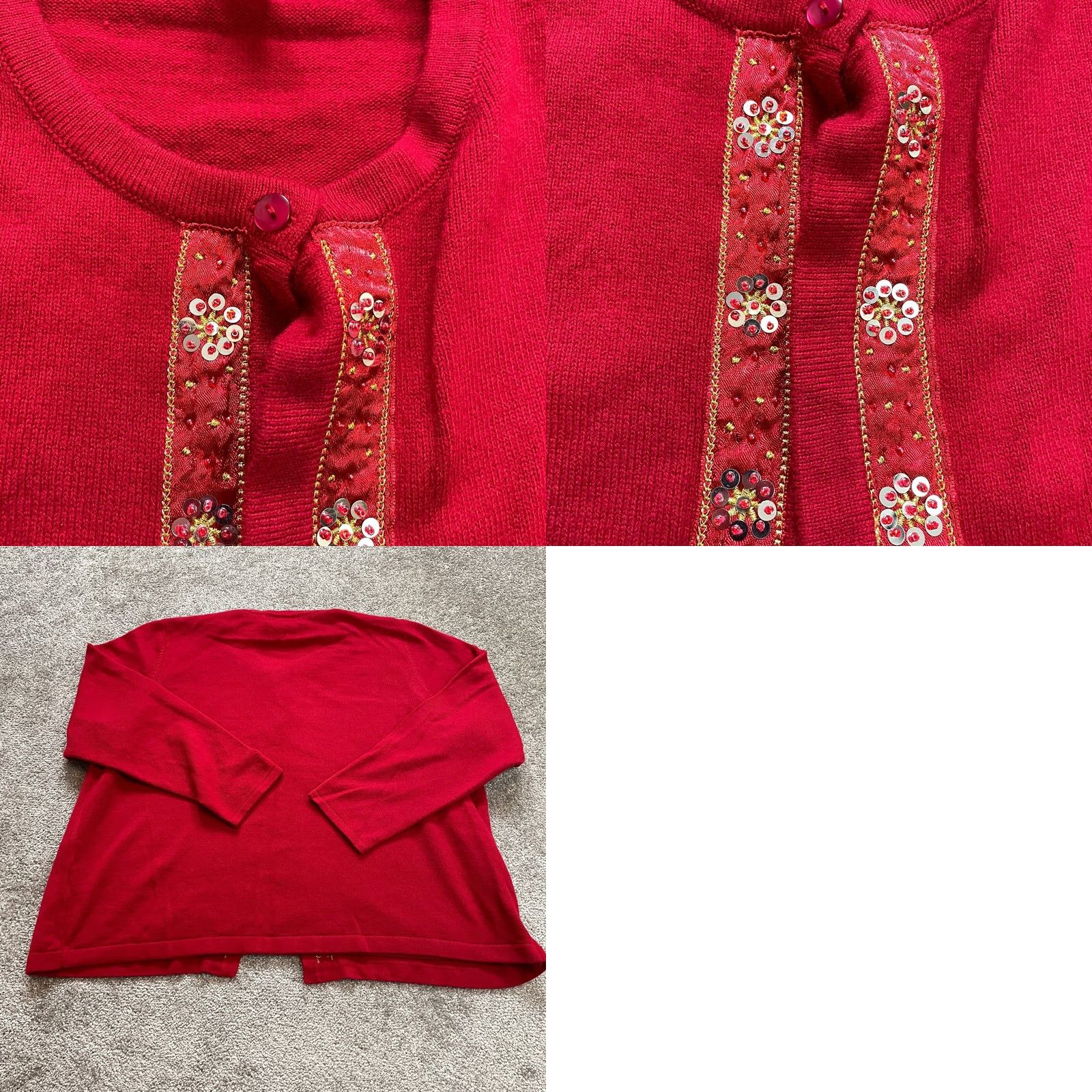 Vintage VINTAGE Sag Harbor Cardigan Sweater Womens 2X Red Floral Beaded Button Crew Neck Long Sleeve Knit Size XXL / US 16-18 / IT 52-54 - 8 Thumbnail