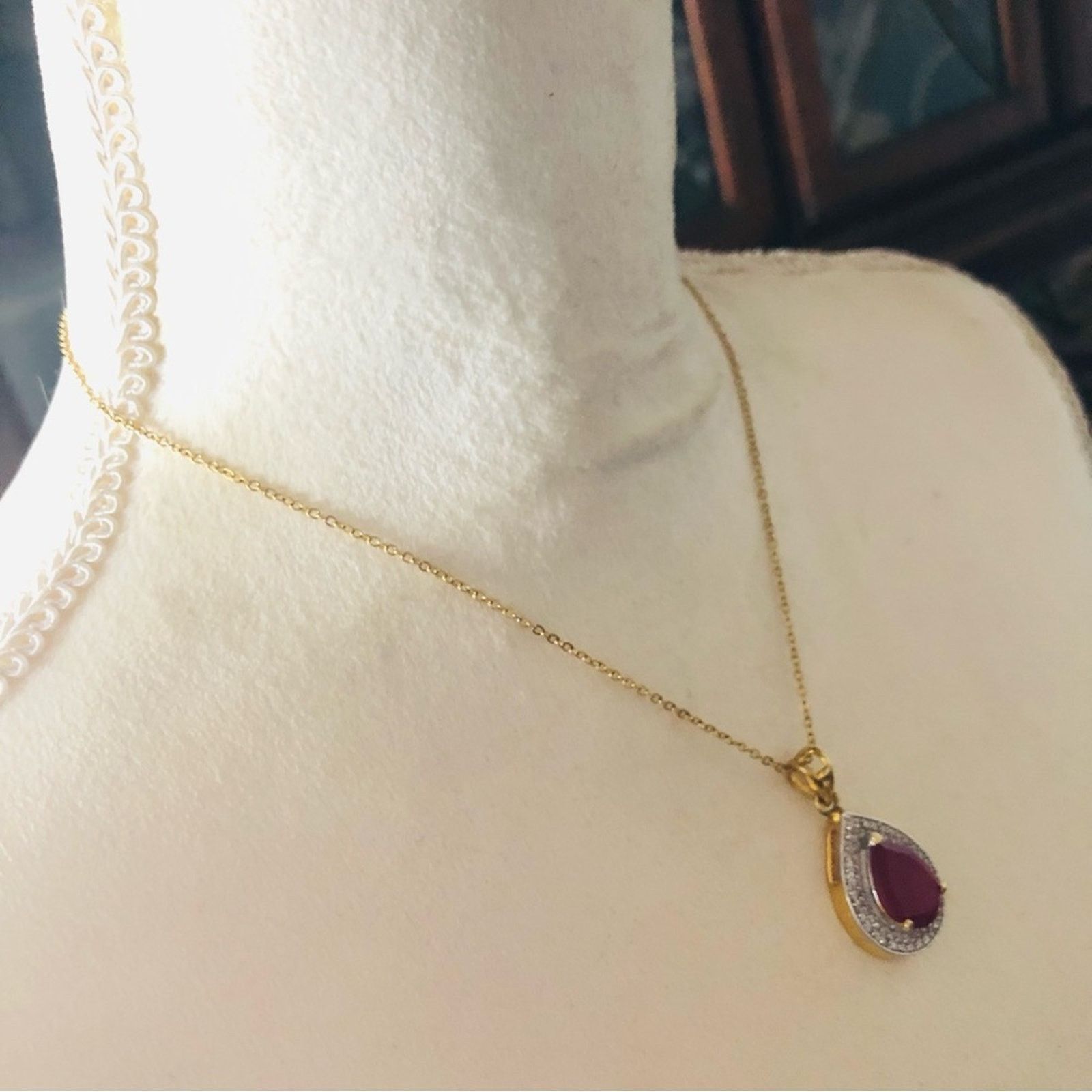 Vintage Teardrop natural oriental ruby cz halo gold vermeil pendant Size ONE SIZE - 8 Thumbnail