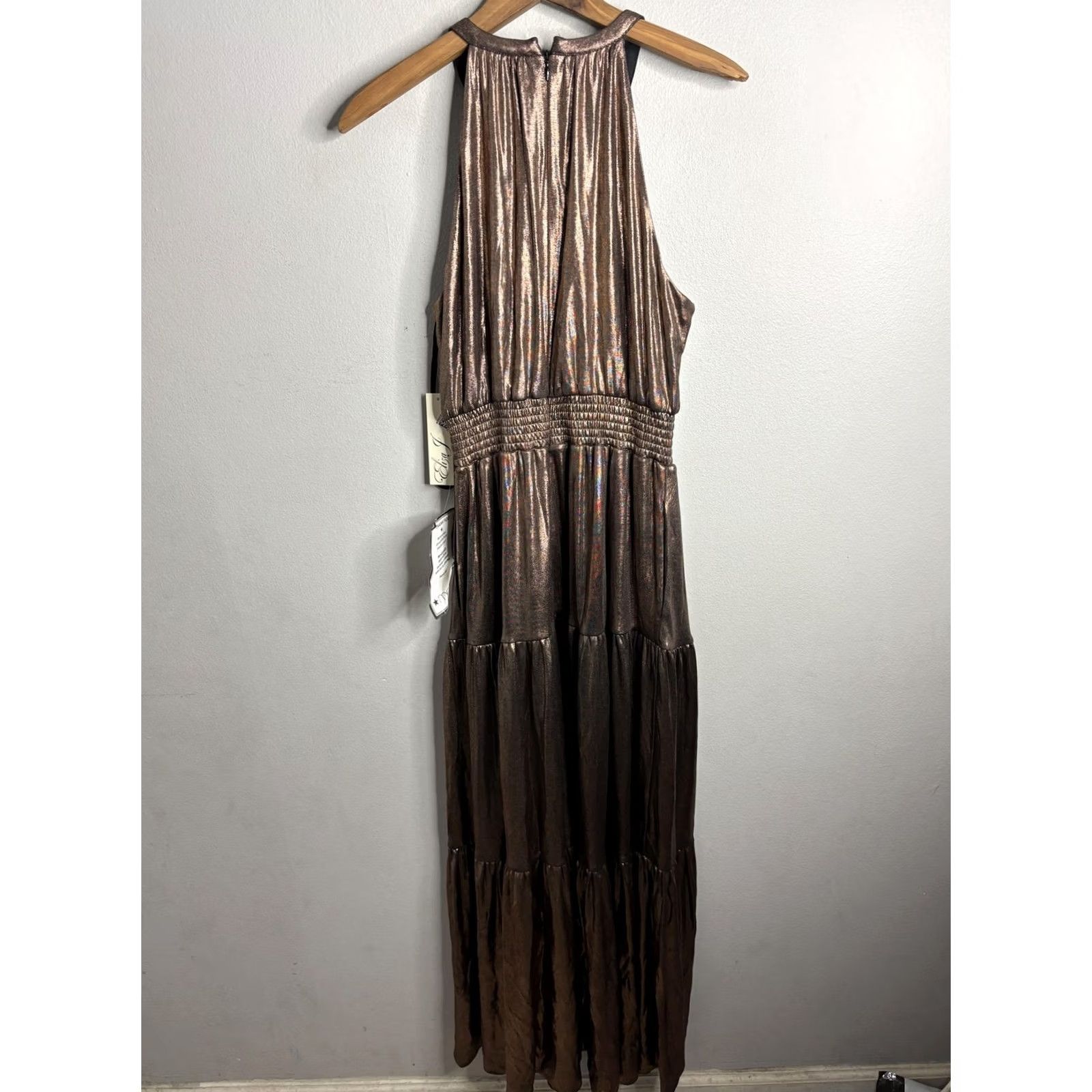 Vintage Eliza J Dress Womens 10 Halter Maxi Sleeveless Evening Gown Bronze Metallic Party Formal Wedding Size L / US 10 / IT 46 - 5 Thumbnail