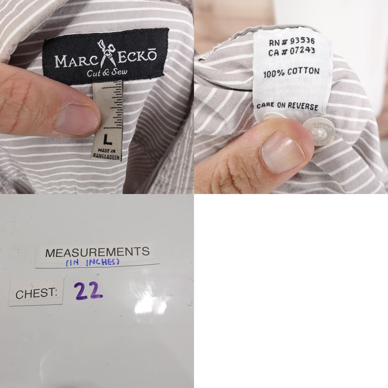 Marcs Marc Ecko Shirt Men Large Gray White Striped Button-Up Long Sleeve Casual Pockets Size US L / EU 52-54 / 3 - 8 Thumbnail