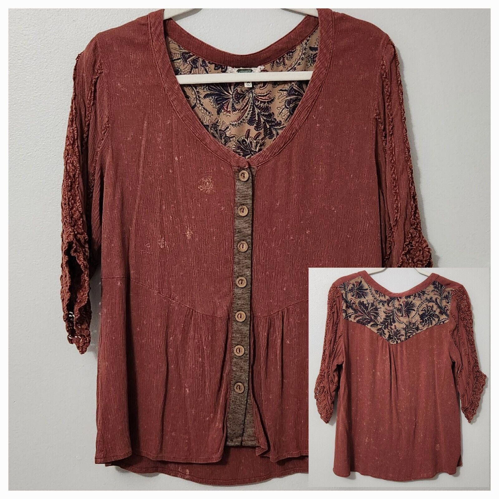 Designer Gimmicks Top Medium Orange 3/4 Sleeve Crochet V Neck Size M / US 6-8 / IT 42-44 - 1 Thumbnail