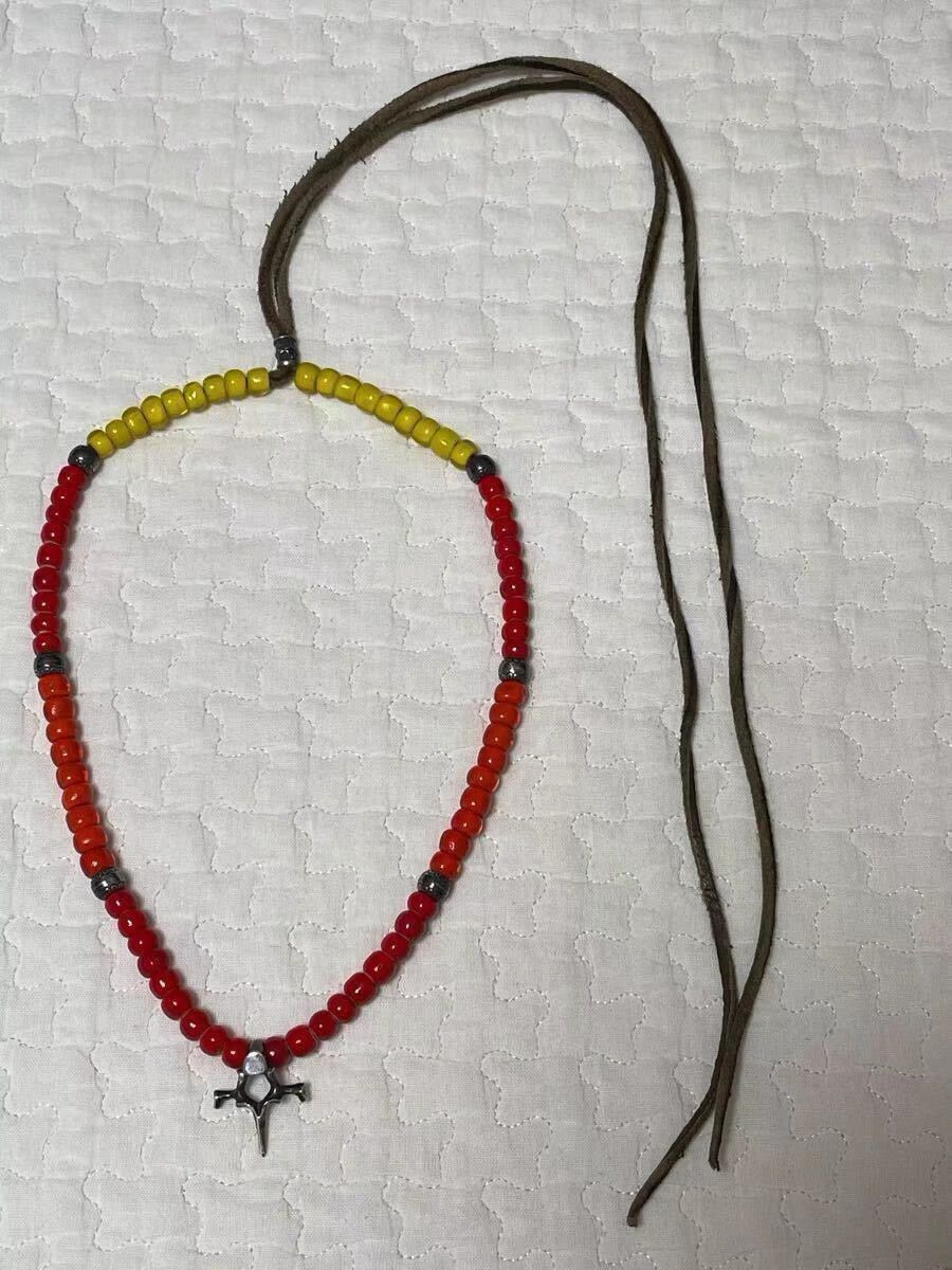 Backbone Red and Yellow Beaded Necklace with Leather Cord Size ONE SIZE - 1 Thumbnail