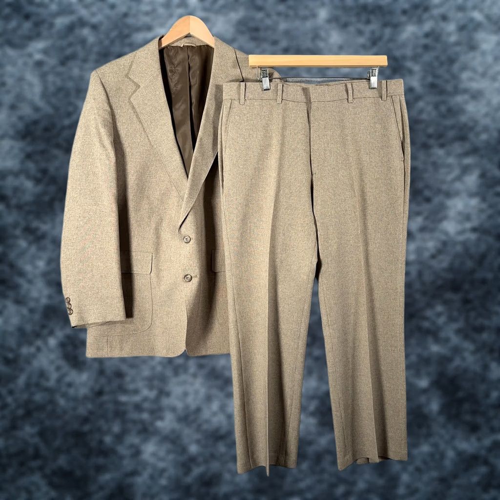 Levi's VINTAGE Levis Suit Mens 44 36W Beige Poly Tweed 2 Piece Sta Prest 80s Size 44R - 1 Thumbnail