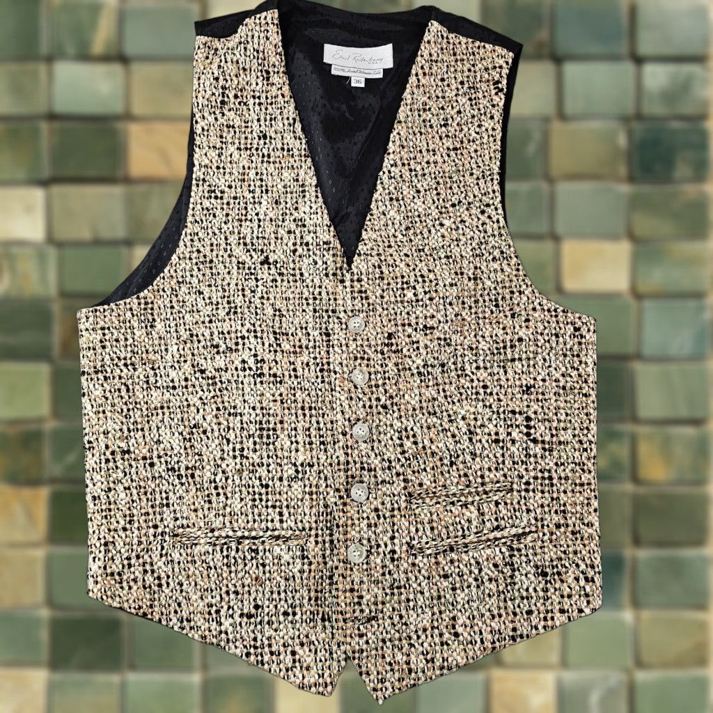 VINTAGE Earl Ratenburg Vest Womens 36 Beige Black Hand Woven Silk Made USA