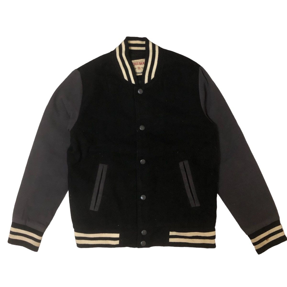 image of Wool Indigo Bank Varsity Jacket in Black, Men's (Size Medium)