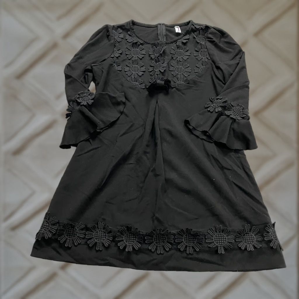 Vintage Unbranded Shift Dress Womens L Black Knee Length 3/4 Sleeve Flowers Workwear Dress Size L / US 10 / IT 46 - 1 Thumbnail