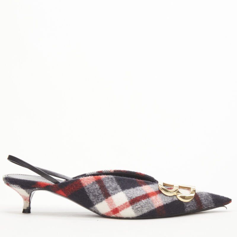 Balenciaga BALENCIAGA BB Knife gold logo red black plaid wool sling kitten pump EU38.5 Size US 8.5 / IT 38.5 - 1 Thumbnail