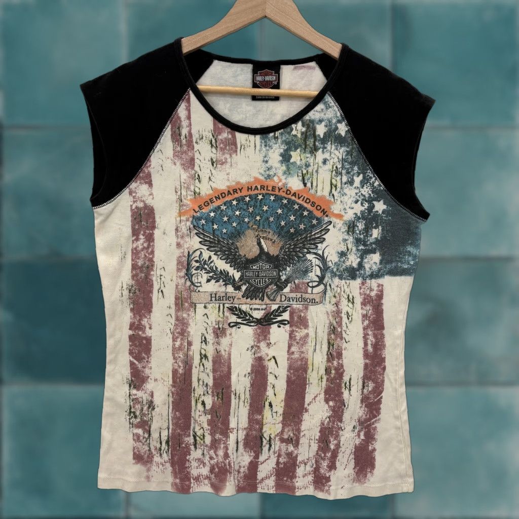 Harley Davidson Harley-Davidson Shirt Womens 2X Flag Eagle Patriotic Cap Sleeve Grunge Y2K Moto Shirt Size XXL / US 16-18 / IT 52-54 - 1 Thumbnail