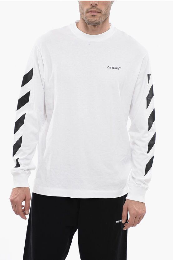 image of Off White Permanent Long Sleeve Diag Helvetica Skater T-Shirt in White, Men's (Size 2XL)