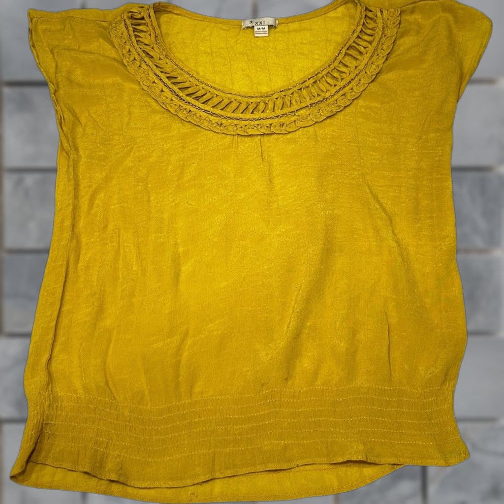 Vintage XXI Blouse Womens Size M Yellow Round Neck Short Sleeve Lightweight Boho Shirt SNAGS Size M / US 6-8 / IT 42-44 - 1 Thumbnail