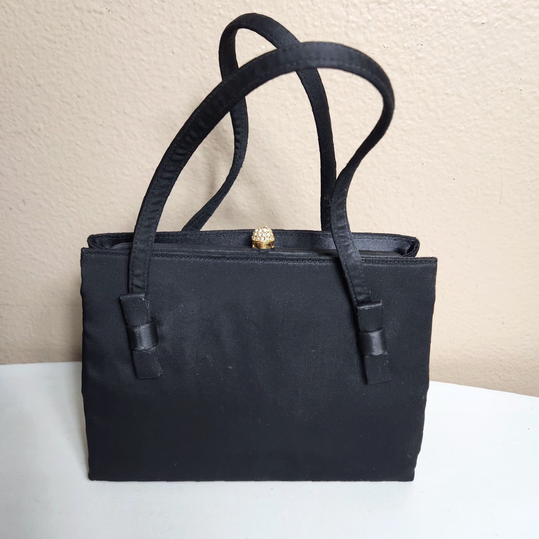 Vintage VINTAGE After Five Black Satin Structured Evening Bag w/Attached Coin Purse 1950s Women’s Satin Evening Bag Size ONE SIZE - 5 Thumbnail