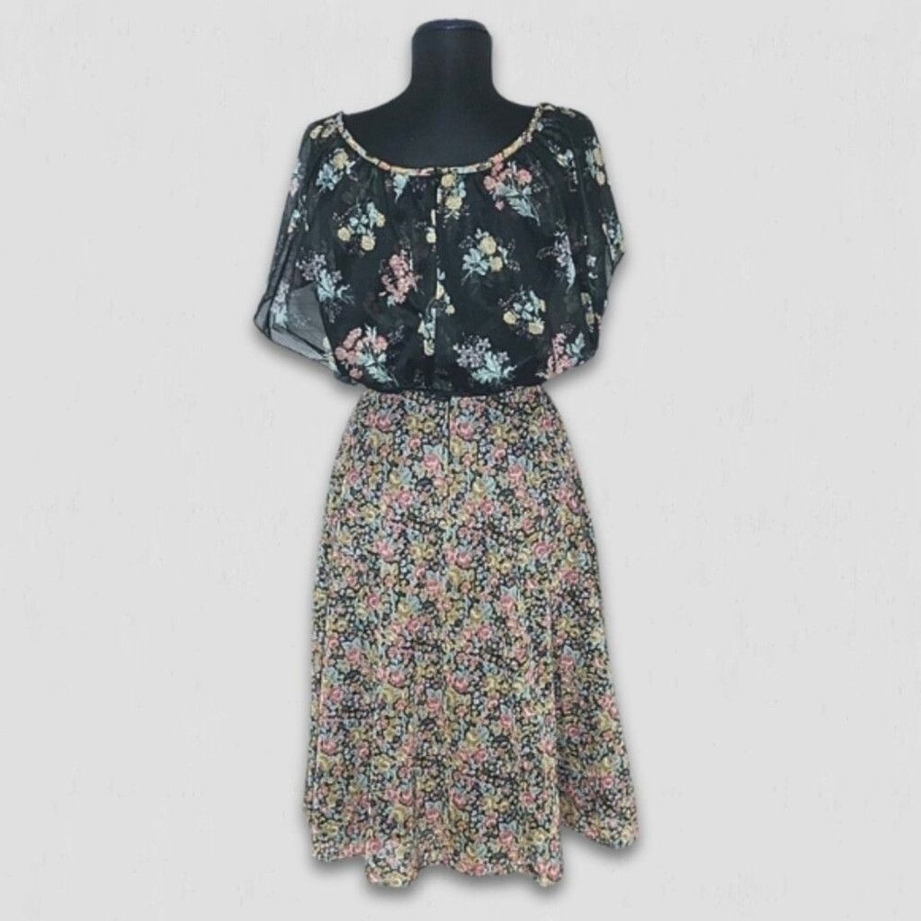 Vintage 80s Full Swing Boho Dress Back Zipper Floral Cottage Black M Size L / US 10 / IT 46 - 2 Thumbnail