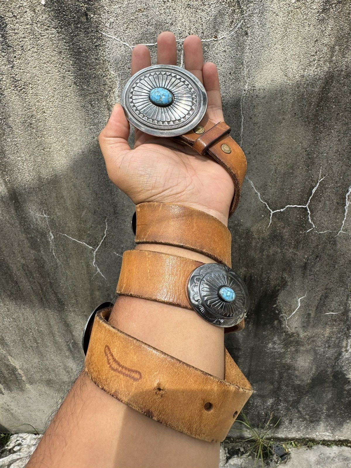 Genuine Leather × Leather × Other GRAIL 🔥Turquoise Leather Buckle Belt Size 34 - 1 Thumbnail