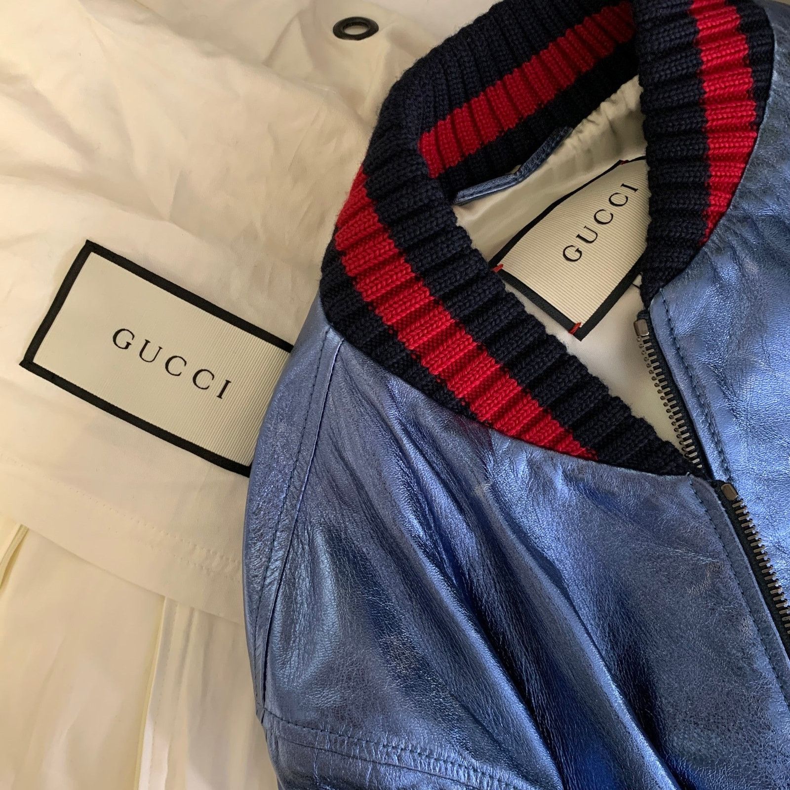 Gucci GUCCI Size 36 Blue Metallic Stripe Leather Bomber Jacket Size L / US 10 / IT 46 - 8 Thumbnail