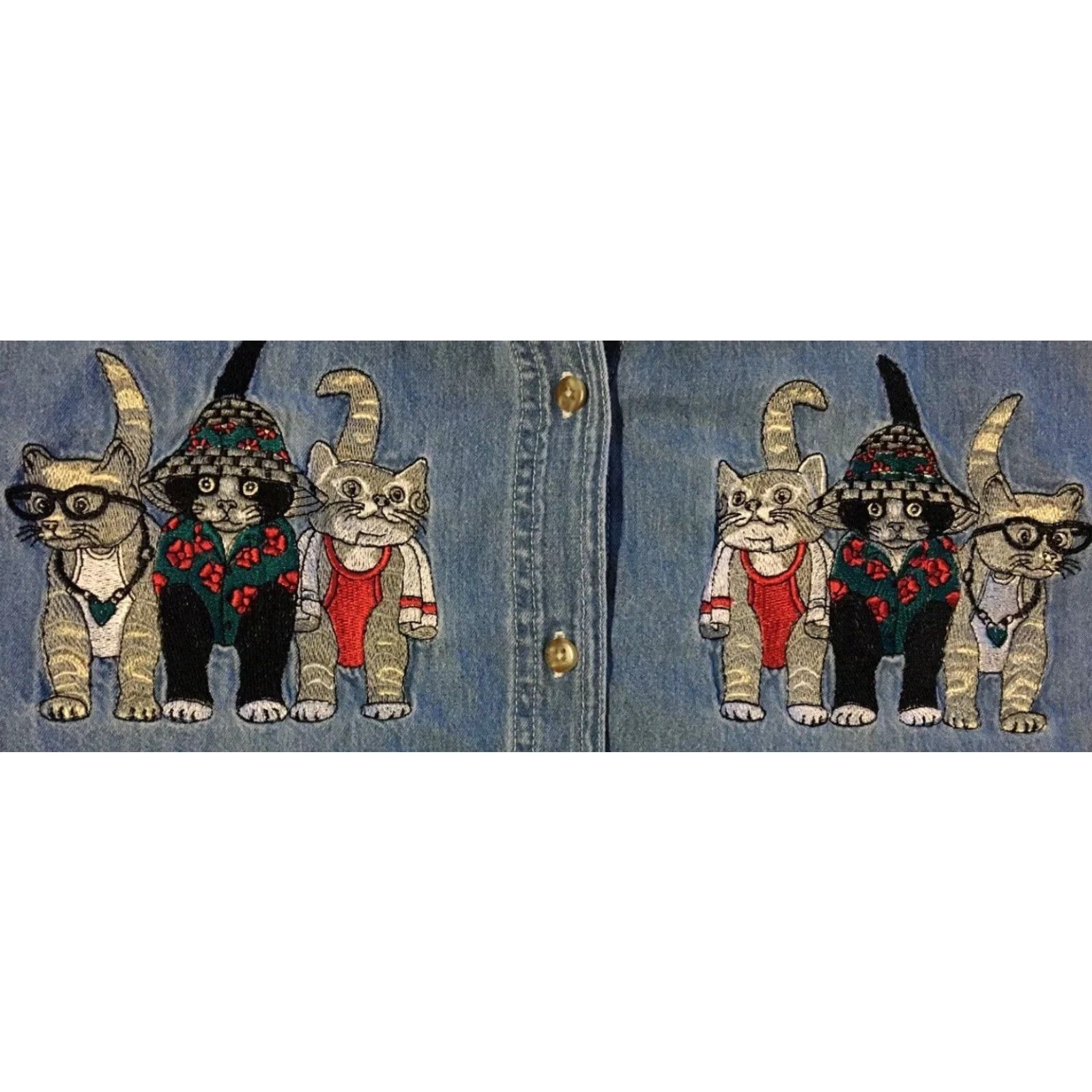 Vintage VINTAGE 90s Abstract Cat Faded Denim Button-Up Shirt M Women Blue Animal Funny Grunge Denim Button-Down Short Sleeve Cat 90s Vintage Womens Mens? Size M / US 6-8 / IT 42-44 - 2 Thumbnail