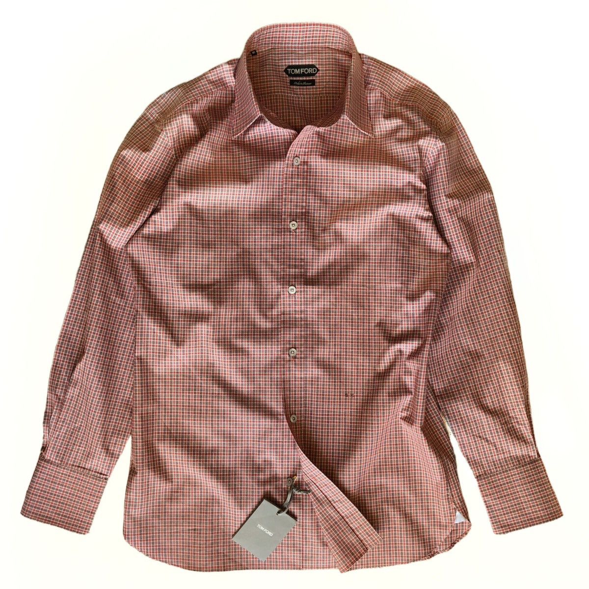 image of Tom Ford Textured Cotton Button Up Shirt Red/white Check in Red White Checked, Men's (Size Medium)