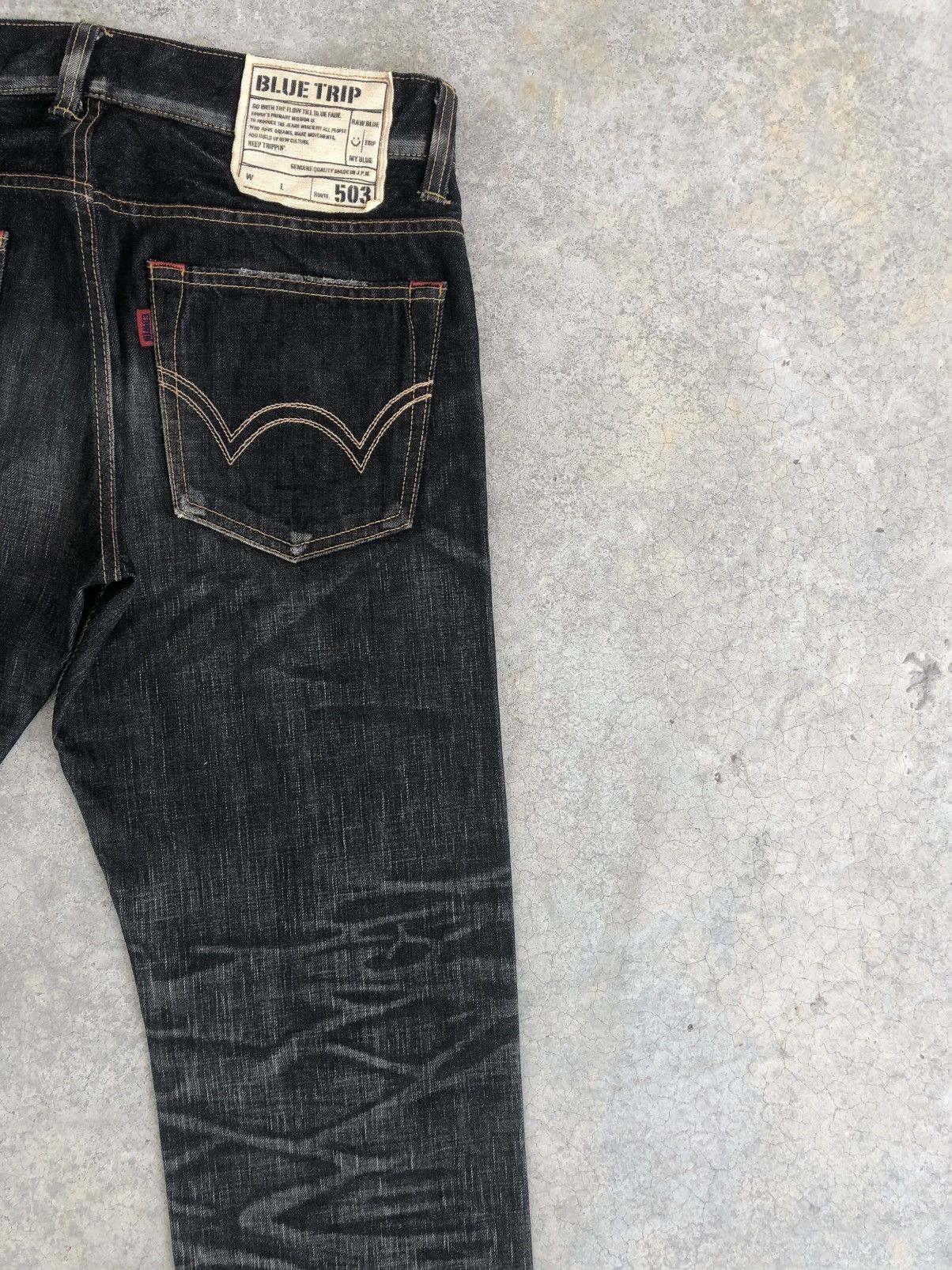 Le Grande Bleu (L.G.B.) Japanese Edwin 503 Blue Trip Distressed Jeans Size US 33 - 10 Thumbnail
